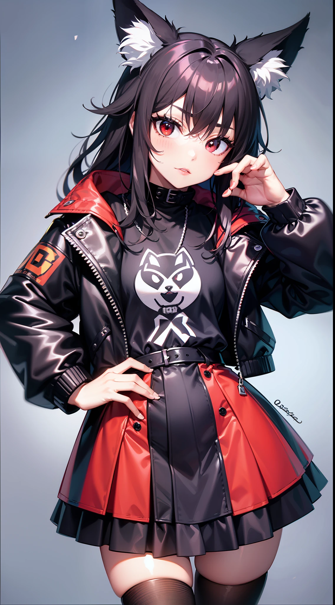 (Anthropomorphic fox cute cub) with black jacket, Red eyes, Bad girl, Young, Portrait, Bust, posture facing the camera, Cartoon, dress as 80s metalhead rocker masterpiece, Confident posture, youtuber