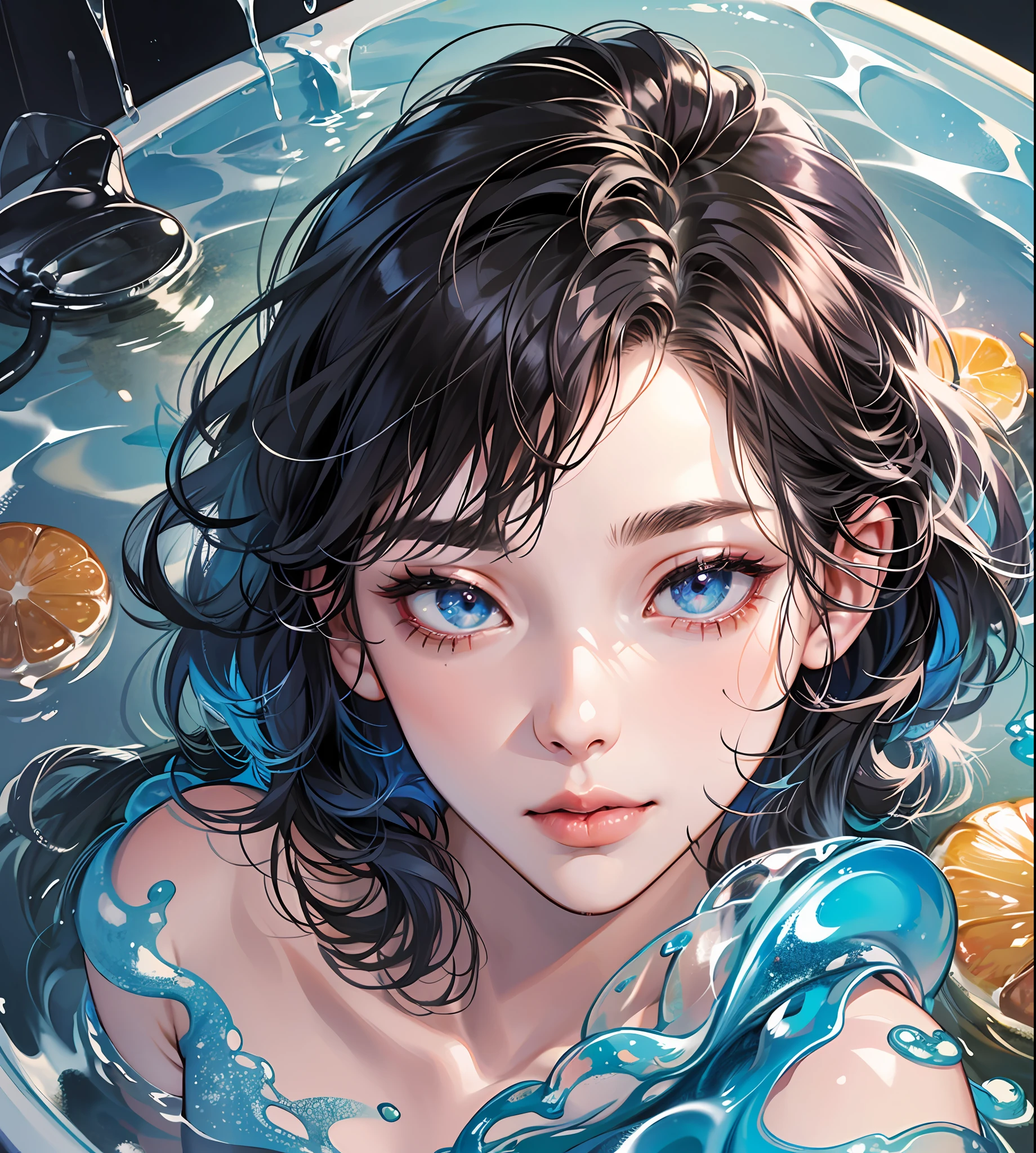 M2F shape shiter, twink male body, male short hair, anime, (Photorealism), masterpiece, best quality, portrait, (Japanese KPOP idol:1.2), (realistic beautiful Asian),  close up and soft up to everything,  (plump body), spot light, super pale skin, dark make up, sharp focus, detailed anatomy, ultra-wonderful face detail, (his deep drippy blue colored melting  slime body under the coat), 39 yo, a hot wet erotic blue colored slime super idol, with a ultra-cute face of a Japanese-Korean emo young idol, (ultra-detailed eyes), (ultra-detailed skin), (super melting honey hair), laying in a bath pool full of blue slime, (drippy melting body), hyper huge breasts, super wide wet juicy sexy red lips, soft light, perfect yaoi face, photorealistic, correct fingers, the light is very bright, hypermaximalist style: realistic, photorealism, photography --auto --s2