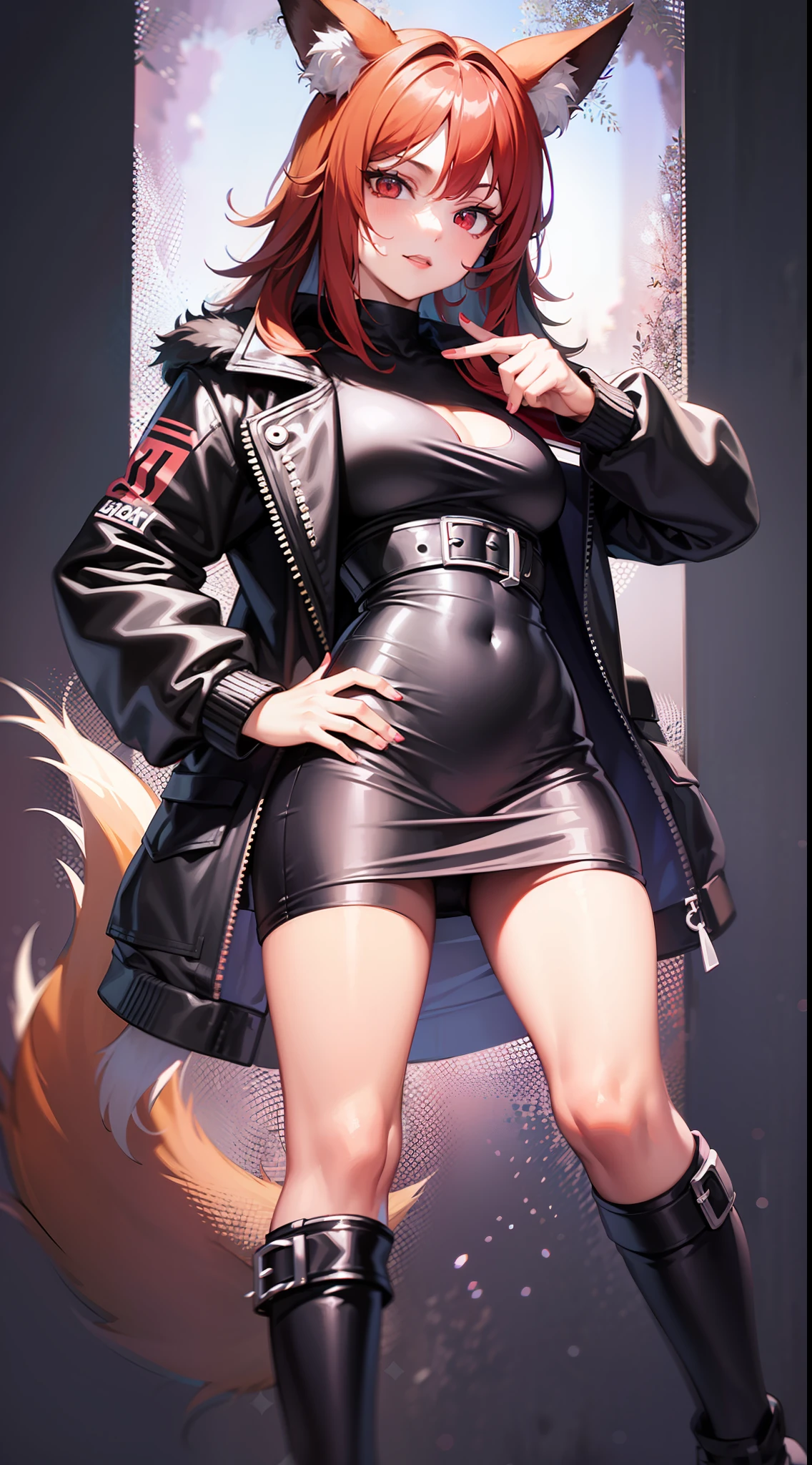 (Anthropomorphic fox cute cub) with black jacket, Red eyes, Bad girl, Young, Portrait, Bust, posture facing the camera, Cartoon, dress as 80s metalhead rocker masterpiece, Confident posture, youtuber