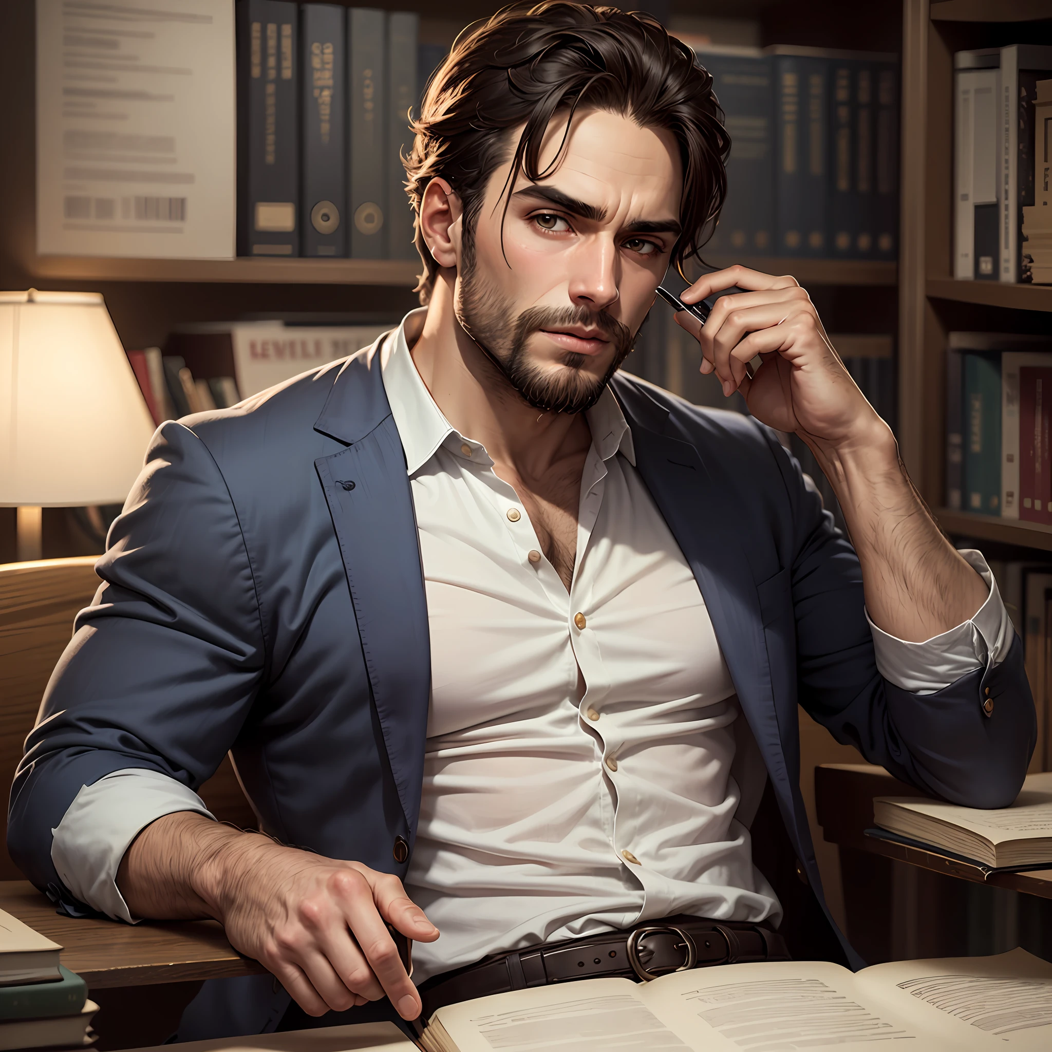 Um homem, com o rosto fechado, com uma barba bonita, lendo um livro e estudando. --auto
