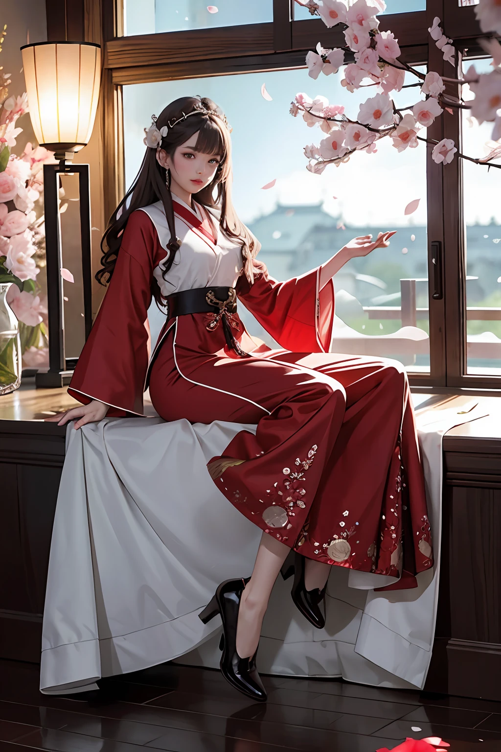 Need,tmasterpiece,A high resolution,(Delicate figure:1.5),Absolutely beautiful,(Milky skin:1.3),exquisitedetails,A high resolution,Wallpapers,1female,独奏,shift dresses,hair adornments,(((Red dress)) ), florals, long whitr hair, A brown-haired, Keep one's mouth shut, trinkets, longer sleeves, Raise Hand, Wide sleeves, Big eyes, Fluttering, Hanfu, Hanfu, embroidery, long skirt, natural poses, falling flower petals, inside in room, Fanning,lanterns,16K,HDR,A high resolution,depth of fields,(filmgrain:1.1),Bocoon,prime time,(lens flare glow),Vignette,rainbowing,(Color:1.5)