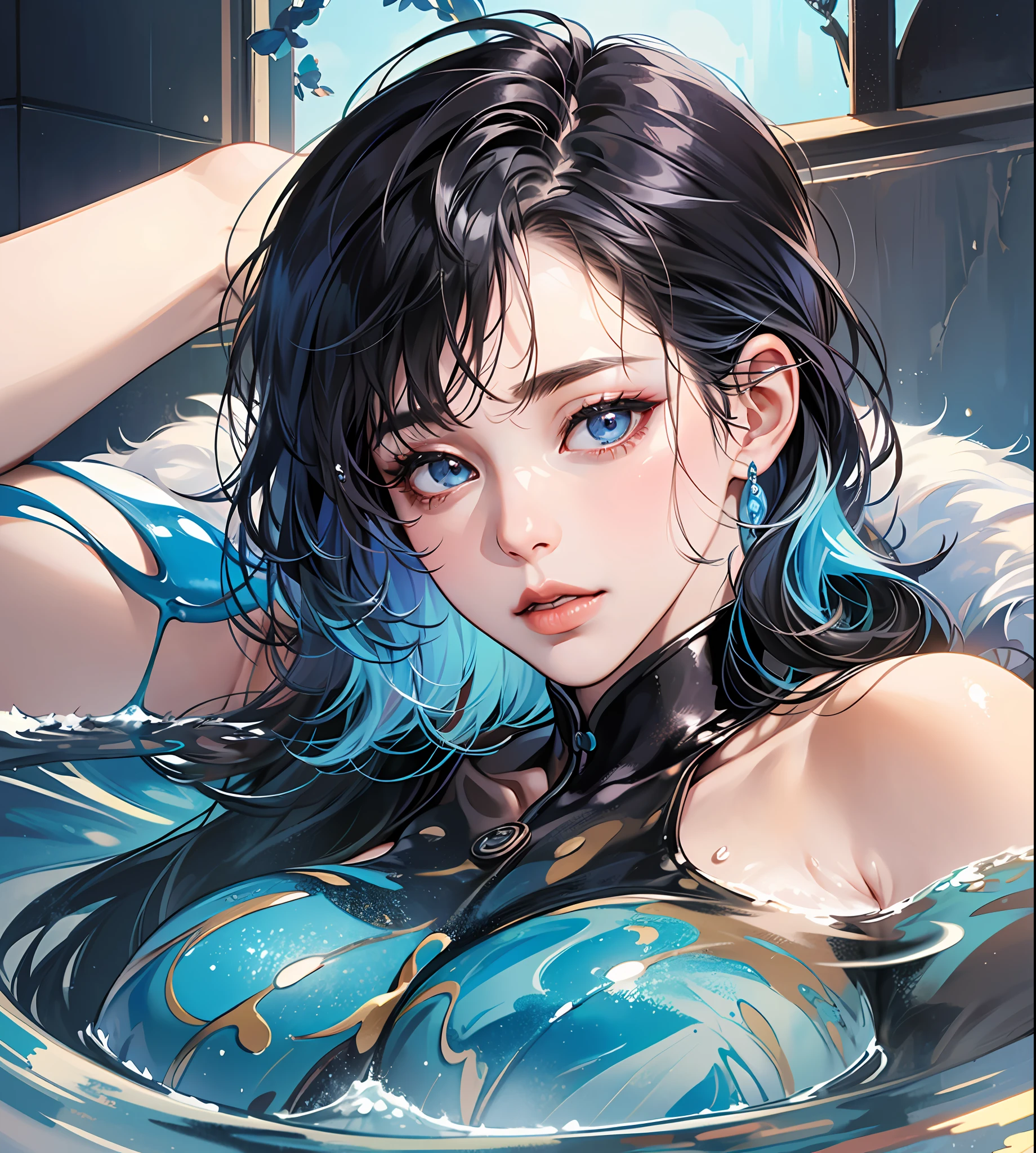 M2F shape shiter, twink male body, male short hair, anime, (Photorealism), masterpiece, best quality, portrait, (Japanese KPOP idol:1.2), (realistic beautiful Asian),  close up and soft up to everything,  (plump body), spot light, super pale skin, dark make up, sharp focus, detailed anatomy, ultra-wonderful face detail, (his deep drippy blue colored melting  slime body under the coat), 39 yo, a hot wet erotic blue colored slime super idol, with a ultra-cute face of a Japanese-Korean emo young idol, (ultra-detailed eyes), (ultra-detailed skin), (super melting honey hair), laying in a bath pool full of blue slime, (drippy melting body), hyper huge breasts, super wide wet juicy sexy red lips, soft light, perfect yaoi face, photorealistic, correct fingers, the light is very bright, hypermaximalist style: realistic, photorealism, photography --auto --s2