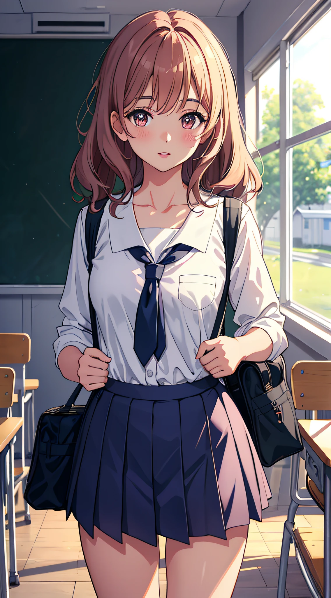 1girl, parted lips, blush, makeup, light smile, school uniform, classroom, school bag, light rays, glow, thighs, collarbone, narrow waist, (masterpiece), wallpaper,