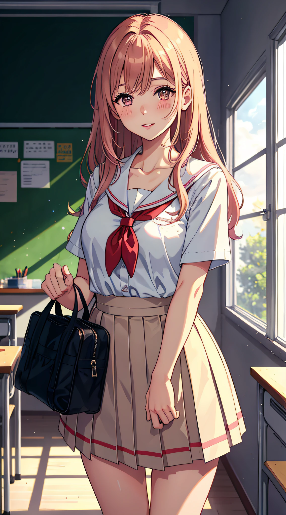 1girl, parted lips, blush, makeup, light smile, school uniform, classroom, school bag, light rays, glow, thighs, collarbone, narrow waist, (masterpiece), wallpaper,