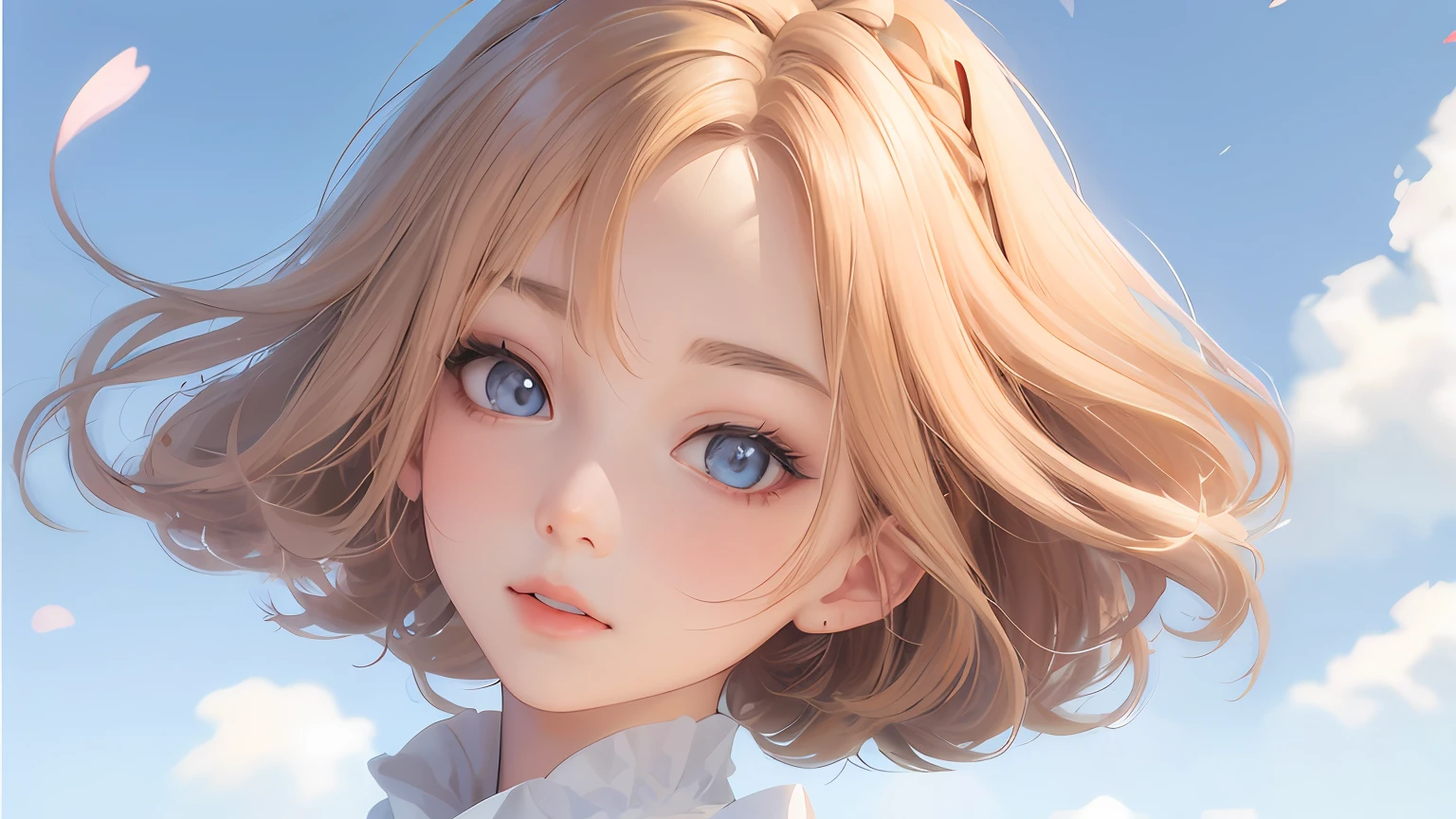 Anime girl with blonde hair and blue eyes is looking at camera, Smooth Anime CG Art, kawaii realistic portrait, realistic anime 3 d style, artwork in the style of guweiz, render of a cute 3d anime girl, photorealistic anime girl render, Detailed Digital Anime Art, guweiz, detailed portrait of an anime girl, Anime style. 8K
