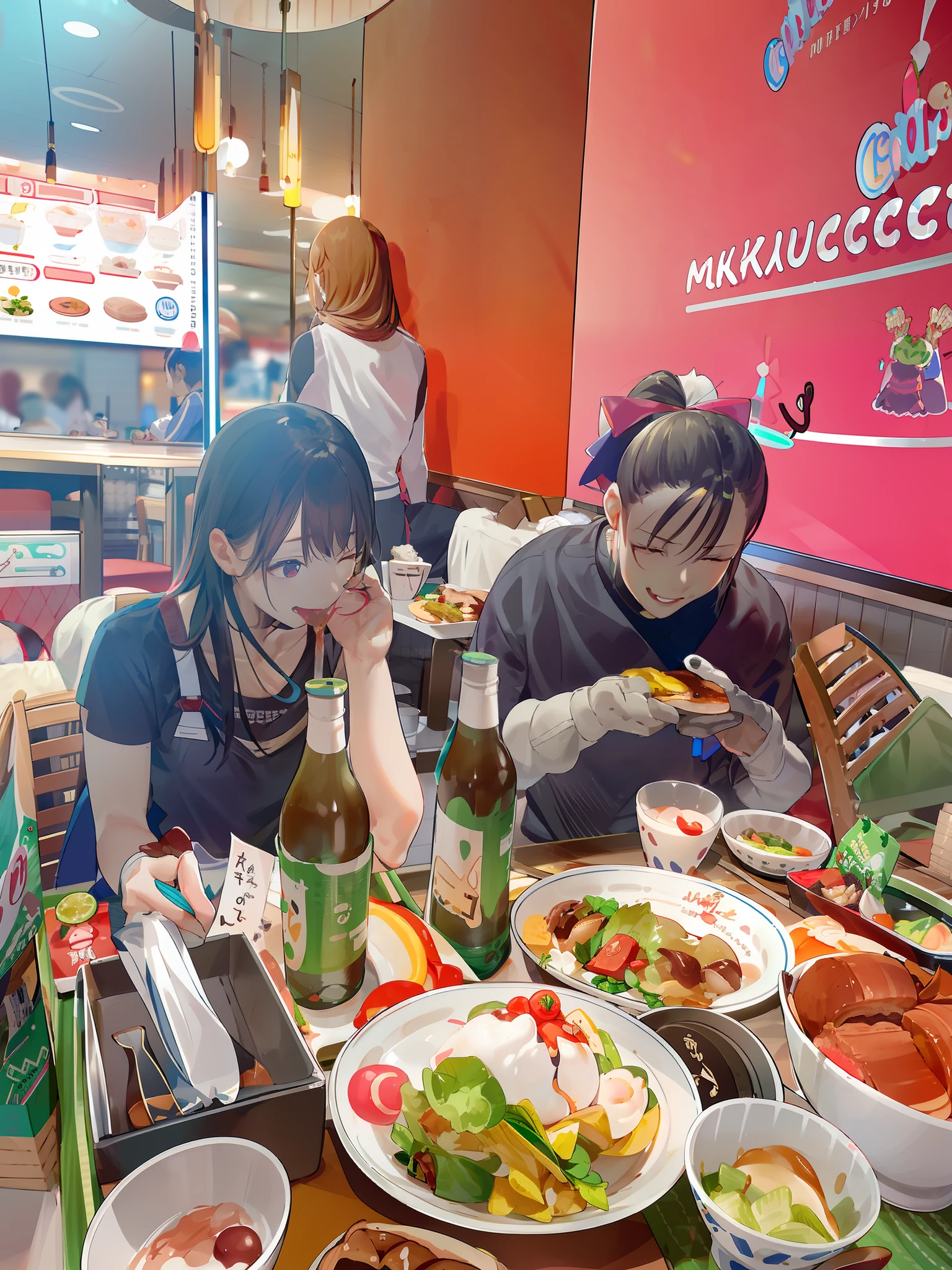 People sit at tables,Bring food and drink trays, 🤬 🤮 💕 🎀, people inside eating meals, very very low quality picture, 😭 🤮 💕 🎀, Eating, very very low quality, busy restaurant, 💣 💥, competition winning, people sitting at tables, mukbang, 🔞🤡, people are eating, awww
