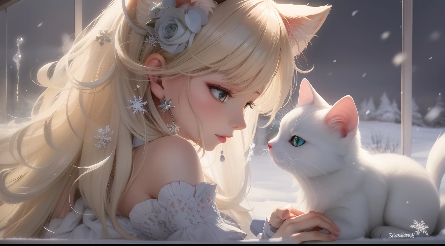 Beautiful anime cat girl walking with cute white cat in snowy landscape, Falling snowflakes are like fine feathers,A chill hits，The white cat girl walked forward，The scenery is like a fairyland,Draw inspiration from the work of WLOP and Sakimichan，Smooth lines match contour depth，A masterpiece of art that presents the Guvez style。