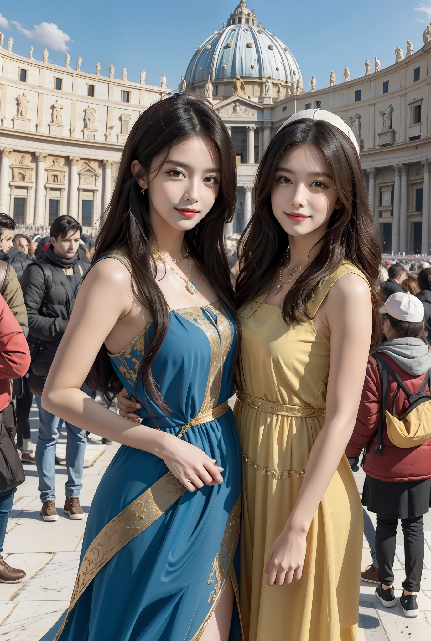 masterpiece, 4K, best quality, FELute, necklace,gorgeous dress, (on the St. Peter's Square of Vatican,crowd),bracers, cowboy shot, looking at viewer, smirk, hand up