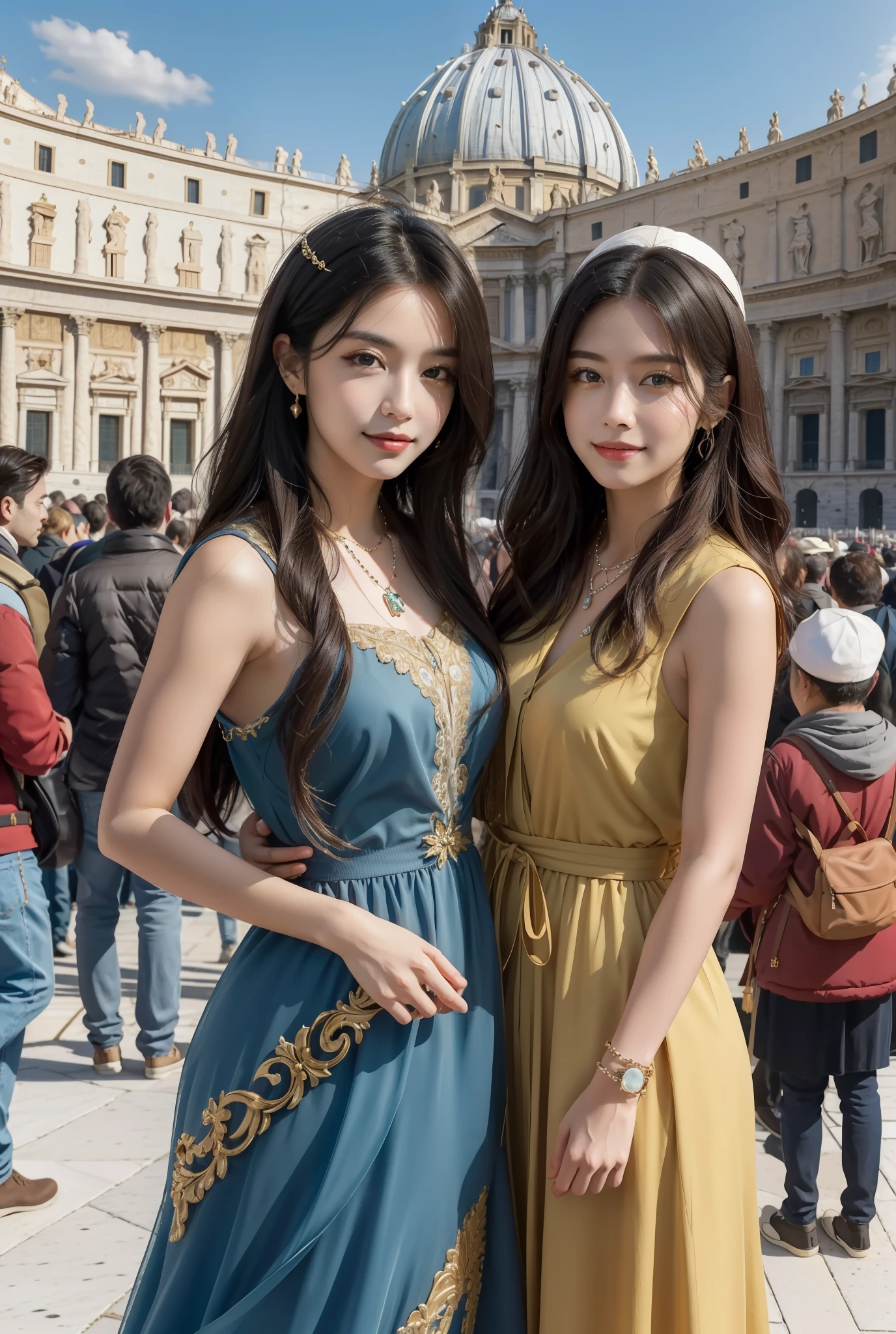 masterpiece, 4K, best quality, FELute, necklace,gorgeous dress, (on the St. Peter's Square of Vatican,crowd),bracers, cowboy shot, looking at viewer, smirk, hand up