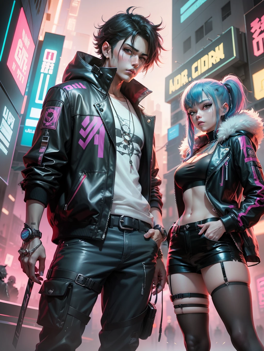 a couple of anime characters standing next to each other, anime cyberpunk art, digital cyberpunk anime art, digital cyberpunk - anime art, 8 0 s anime vibe, 8 0 s anime art style, cyberpunk art style, cyberpunk anime art, anime styled digital art, dreamy colorful cyberpunk colors, anime graphic illustration, modern cyberpunk anime, 9 0 s anime art style