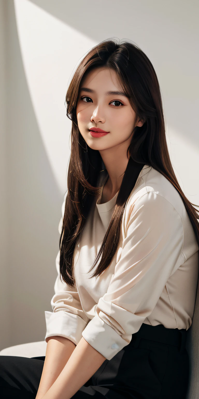 Long brown hair flowing over her shoulders, A calm smile, shirt, Tailored black trousers, 1 Girl, (Natural skin texture, hyperrealism, Soft light, edgy)