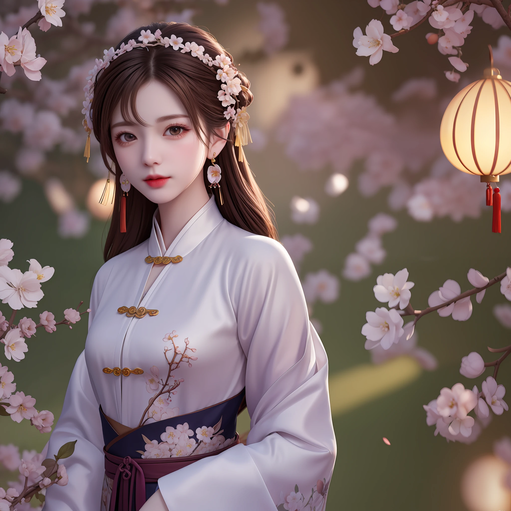 masterpiece, very elaborate CG Unity 8K wallpaper, girl, beautiful, realistic, blurry, blurry, blurred background, blurry, foreground, branches, brown hair, plum blossom, depth of field, earrings, flowers, jewelry, nose, realistic, solo, chinese clothes, fingers hidden, arms hidden