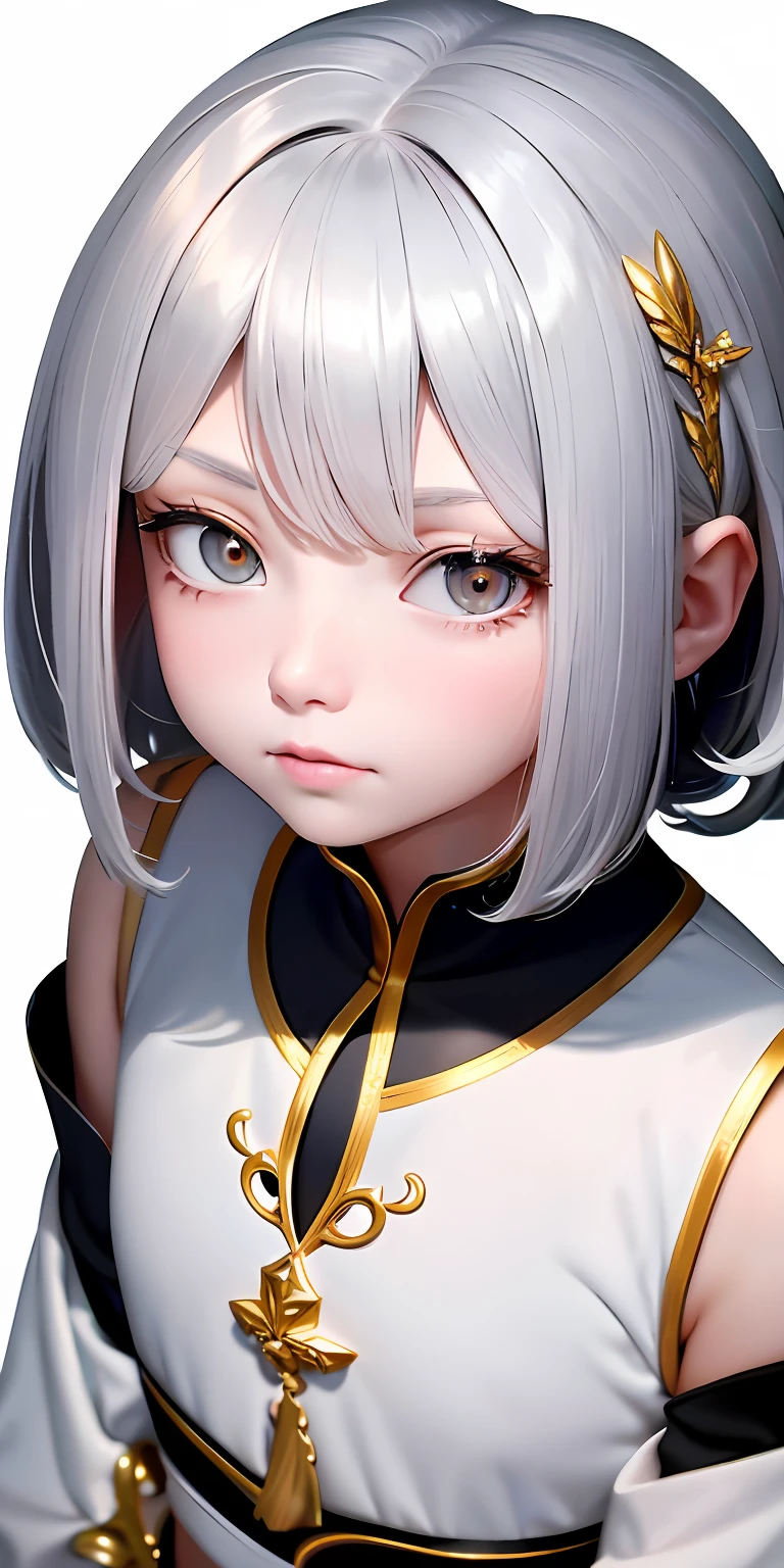Best Picture Quality，Perfect details，looking up lens，Upper body position，Gray hair on the side，Golden pupils，White off-the-shoulder vest，gaze front，gentle illumination，White hair standing up in the sun，White Skin Skin，Delicate hair，Elegant loli shape。。