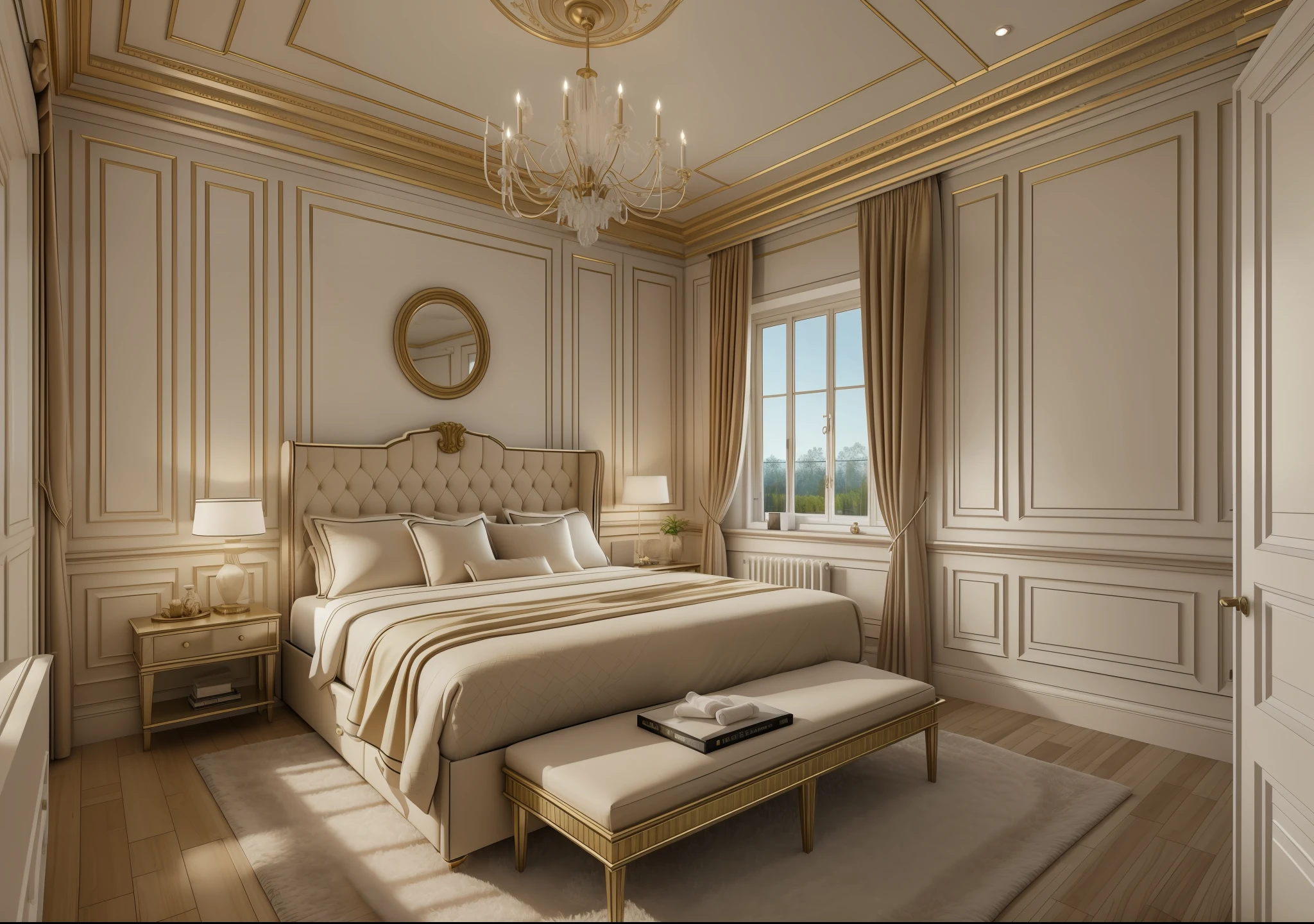 ((indoor neo classical bedroom scene.)), morden bedroom (about bedroom:1.3), (realistic), (masterpiece), super-detailed, ultra-realistic, (full detail), (high quality), (8k), (4k), 1 window from the wall to the ceiling.