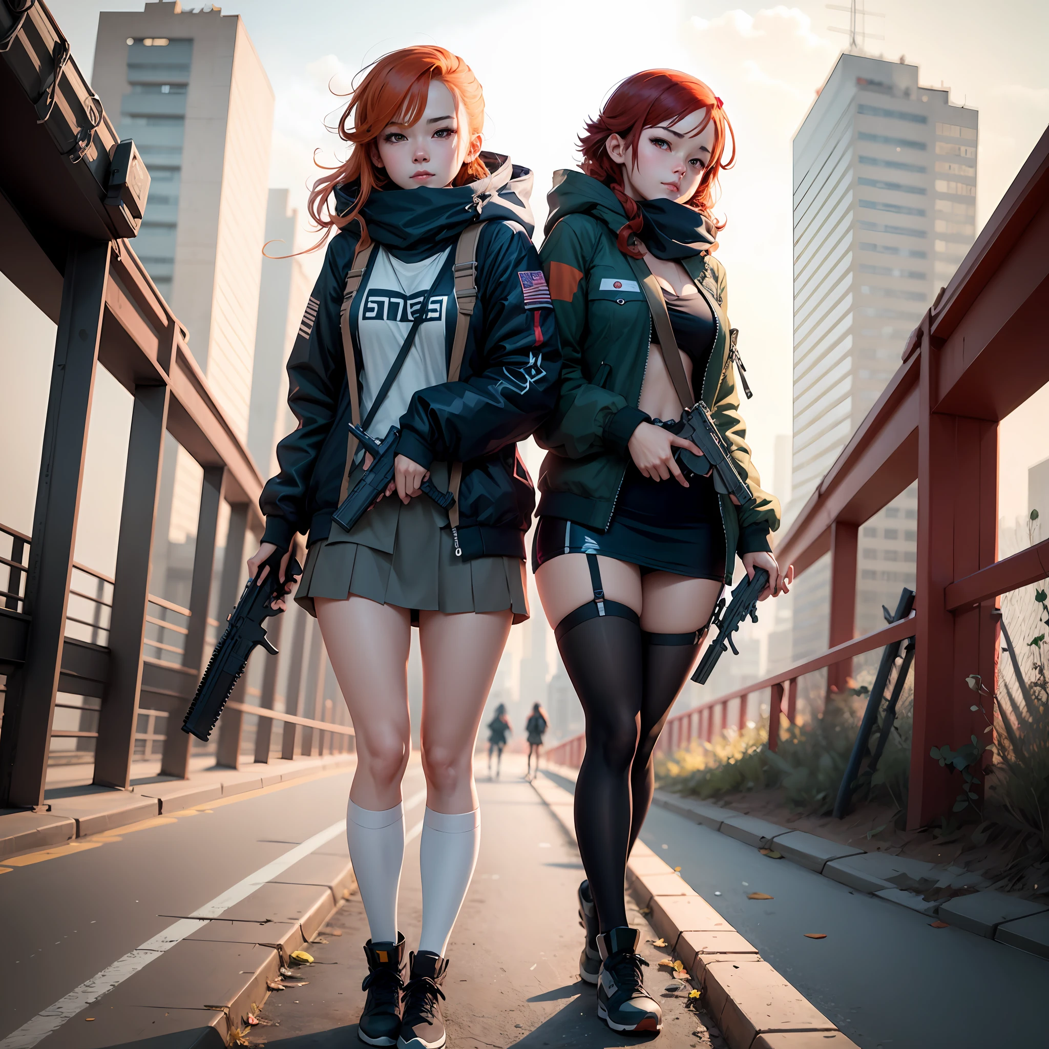 Anime girl with redhead and gun on bridge, Guviz-style artwork, Guweiz on ArtStation Pixiv, Kantai collection style, Guweiz in Pixiv ArtStation, Guviz, girls frontline style, trending on artstation pixiv, style of anime4 K, from girls frontline, Badass anime 8 K