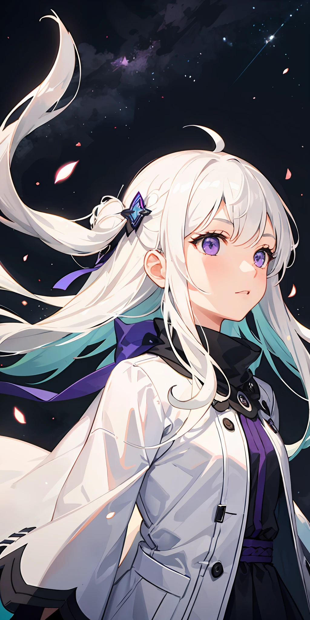 1girl in、White hair、O cabelo multicolorido、a purple eye、side lights、Looking up at the night sky、The wind is blowing