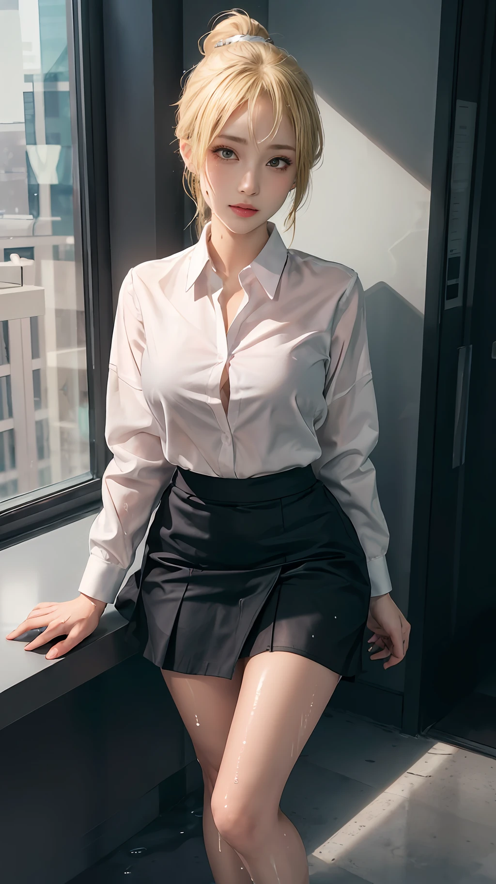 High quality, best quality, masterpiece, 8K, ultra-real, ridiculous, vibrator in panties, 1 girl, office, blonde, business suit, pen holder skirt, standing with legs extended: 1.1, blush, ponytail, wet panties, sitting, wet floor, (open clothes, expose entire breasts, flirt skirt: 1.1),