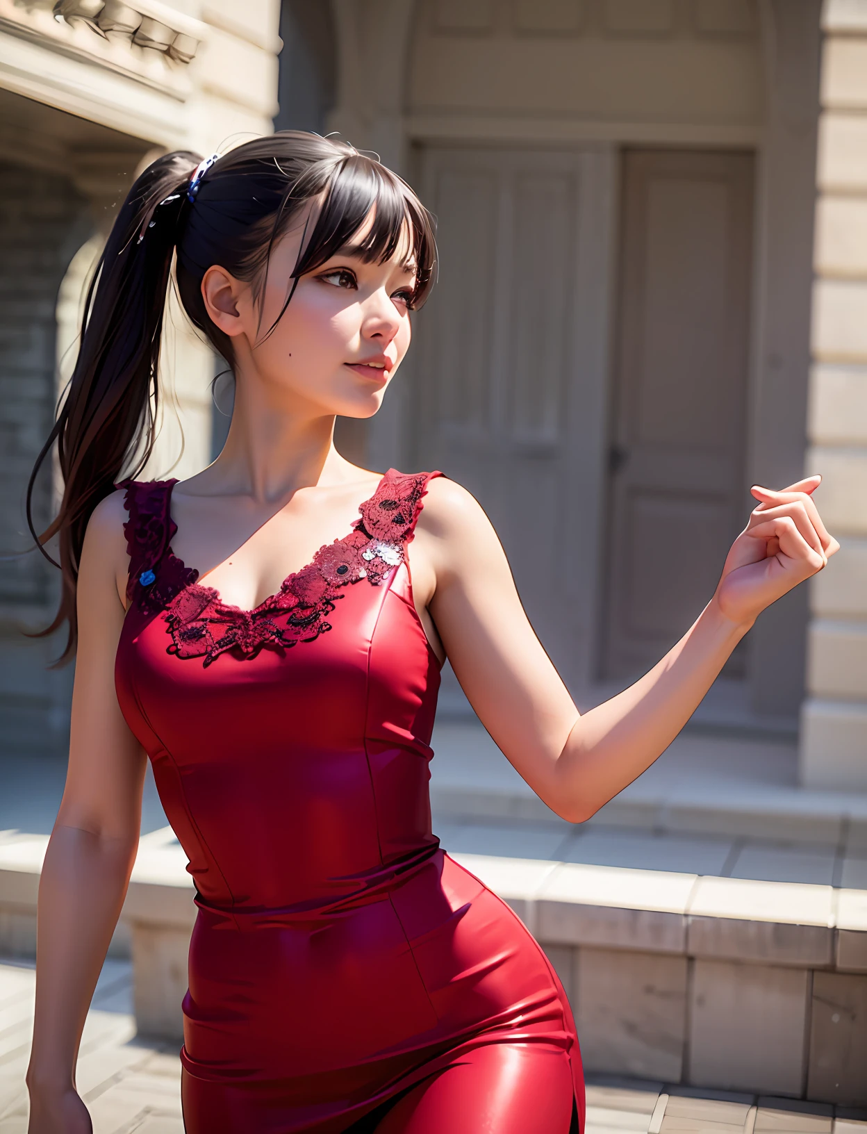 (8K,best qualtiy:1.2),(tmasterpiece:1.37),(photore,真实感:1.37),(超高分辨率),full bodyesbian,Walking posture,Shooting from front,slow motion,Wearing a red wedding dress,mier,Red clothes(The is very detailed,blooms:1.5),(HighestQuali,Alessandro Casagrande,Greg Rutkowski,Sally Mann,concept-art,4k),(simulating:1.2),(High sharpness), (detailedpupils:1.1), Detailed face and eyes, Masterpiece, best quality, (Highly detailed photo:1.1), (long Brond Hair, pony tails, extatic:1.1), (younger female:1.1), sharpest, (Perfect body:1.1), realistic, real shadow, 3d, (temple background:1.2), (by Michelangelo), photography of:Canan EOS R6, 135mm, 1/1250s, f/2.8, ISO 400