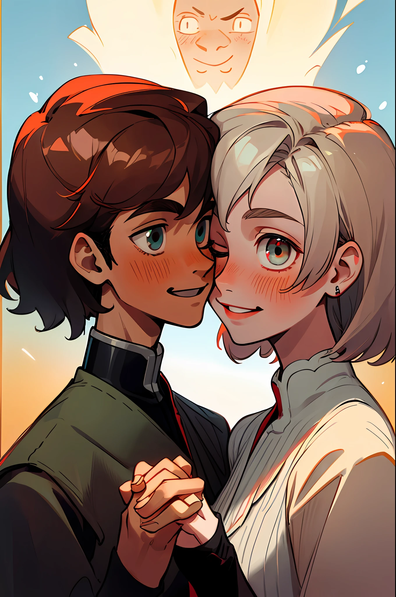 (best quality, masterpiece), (1 male, 1 female, face to face:1.1), smile, upper body, blush, size difference, eyes closed, lovely, holding hands