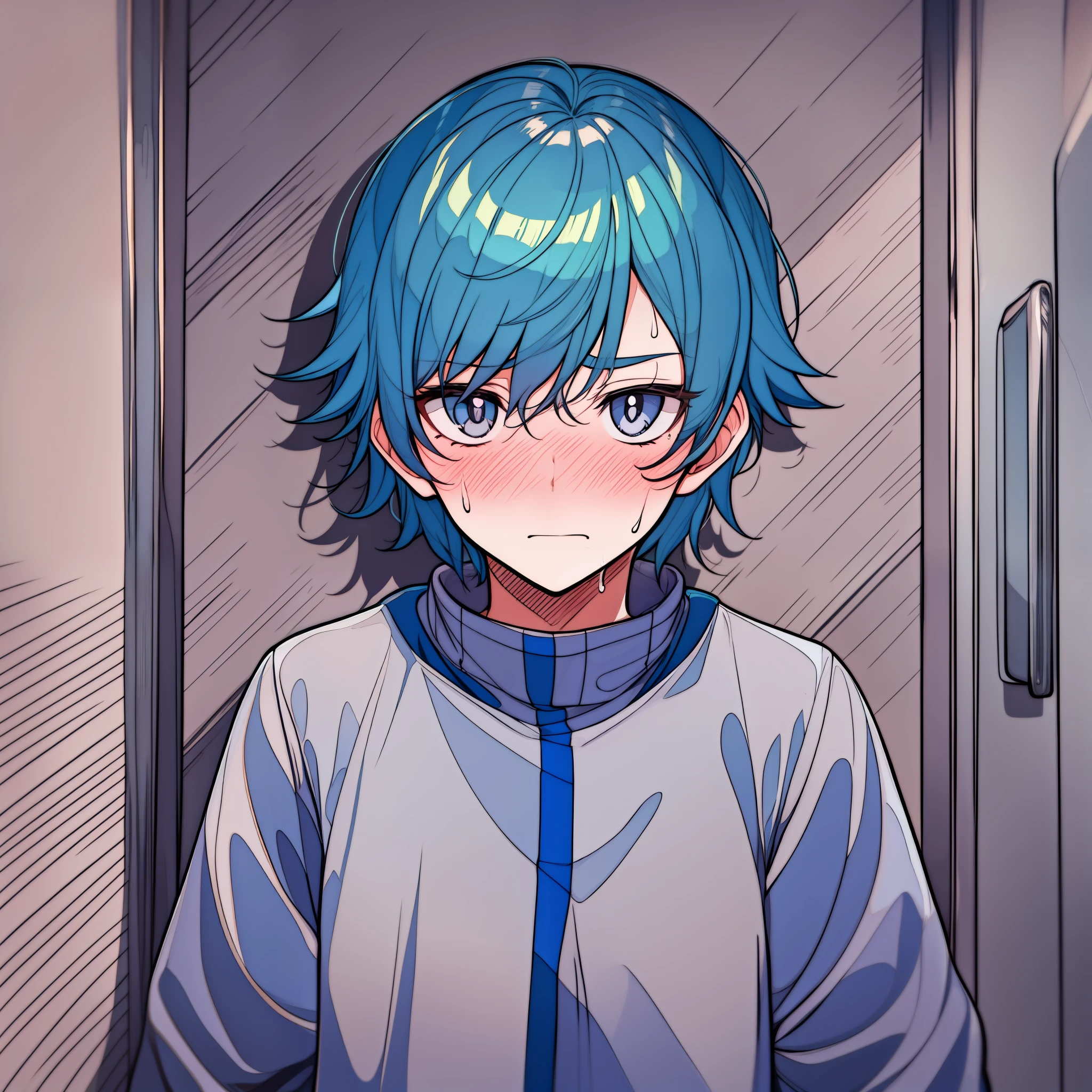 Nervous genderfluid ager with light blue hair, grey eyes, shy, nervous, sweating,