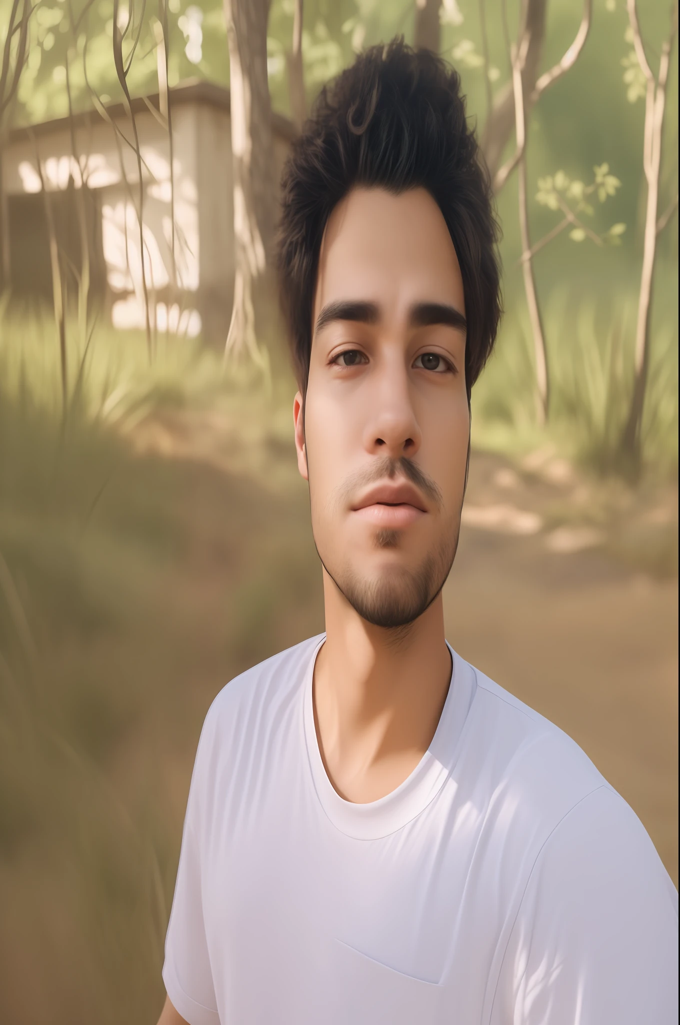 Close-up portrait of a young man in a portraiture, his face calm and serene. he is surrounded by a beautiful landscape, perfect, detailed face, exact proportion, soft cinematic lighting, muted colors, hyperrealistic, 8k, octane render