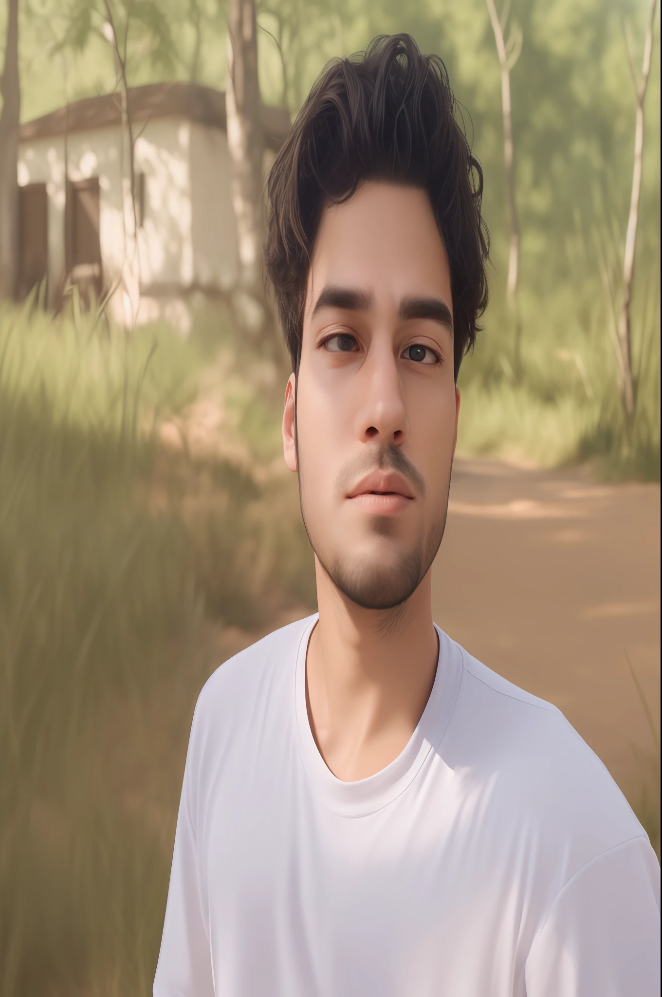 Close-up portrait of a young man in a portraiture, his face calm and serene. he is surrounded by a beautiful landscape, perfect, detailed face, exact proportion, soft cinematic lighting, muted colors, hyperrealistic, 8k, octane render