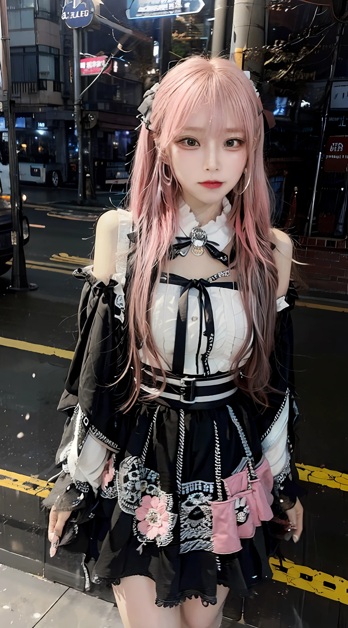 (nsfw),(Realistic:1.3), Finely detailed, quality, Rembrandt lighting, (masutepiece:1.2), (Photorealistic:1.2), (Best Quality), (Detailed skin:1.3), (Intricate details), Dramatic, Ray tracing, Break 1 Girl, japanaese girl, Smiling,(Pink hair 1.4), twin-tail hair, Twin Loop Hair, Parted bangs, Eye highlights 21 years old, medium breasts, earrings, jirai fashion, Short dress, frilld, Lace, bow ribbon, BREAK (on tokyo street, Harajuku, A clear day), BREAK