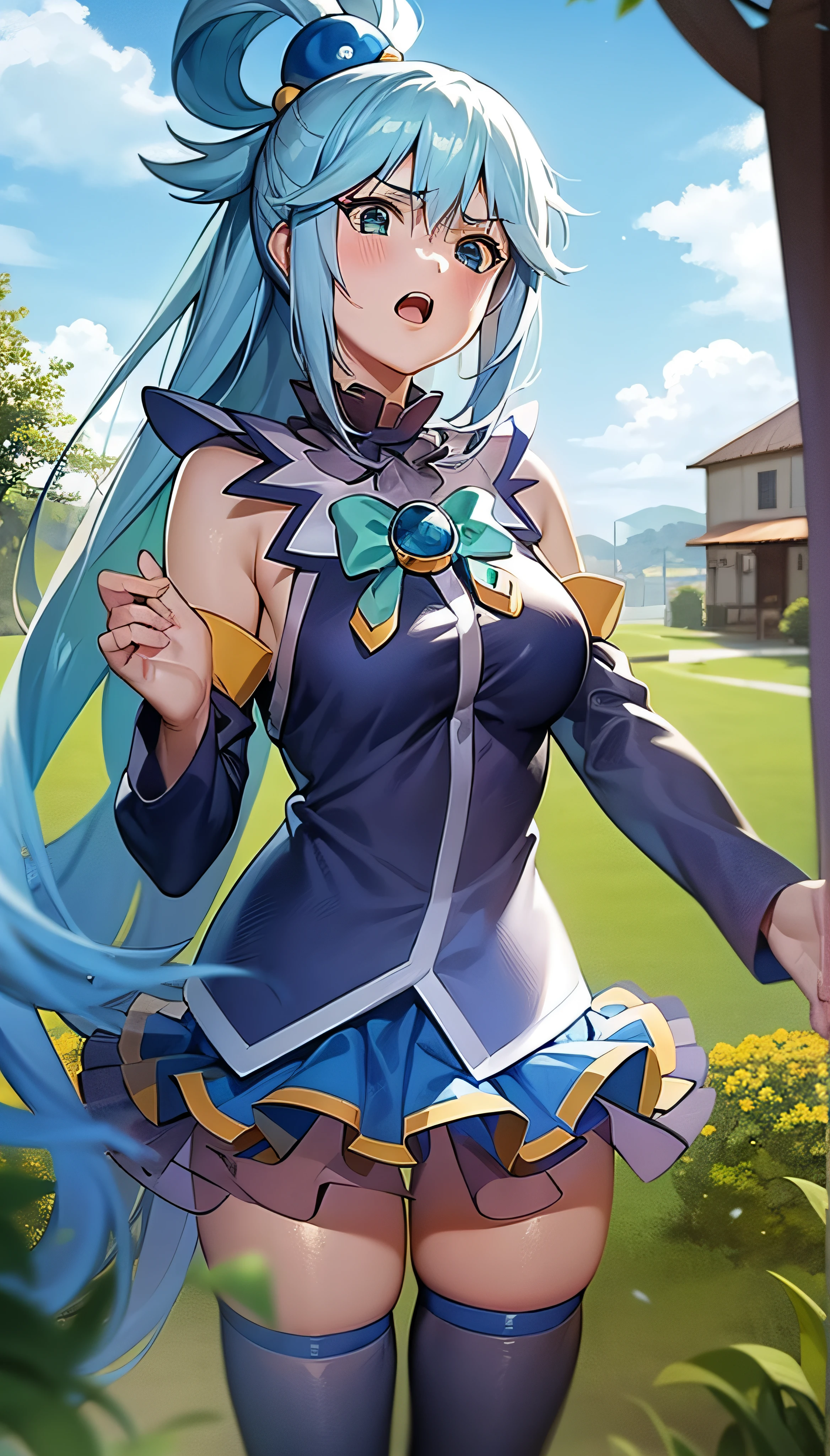 aqua,anime screencap,anime coloring,
1girl, long hair, solo, blue hair, blue eyes, open mouth, detached sleeves, outdoors, skirt, thighhighs, hair rings, sky, clenched hands, day, hair ornament, cloud, breasts, bow, blue sky, grass, blue skirt, green bow, bare shoulders