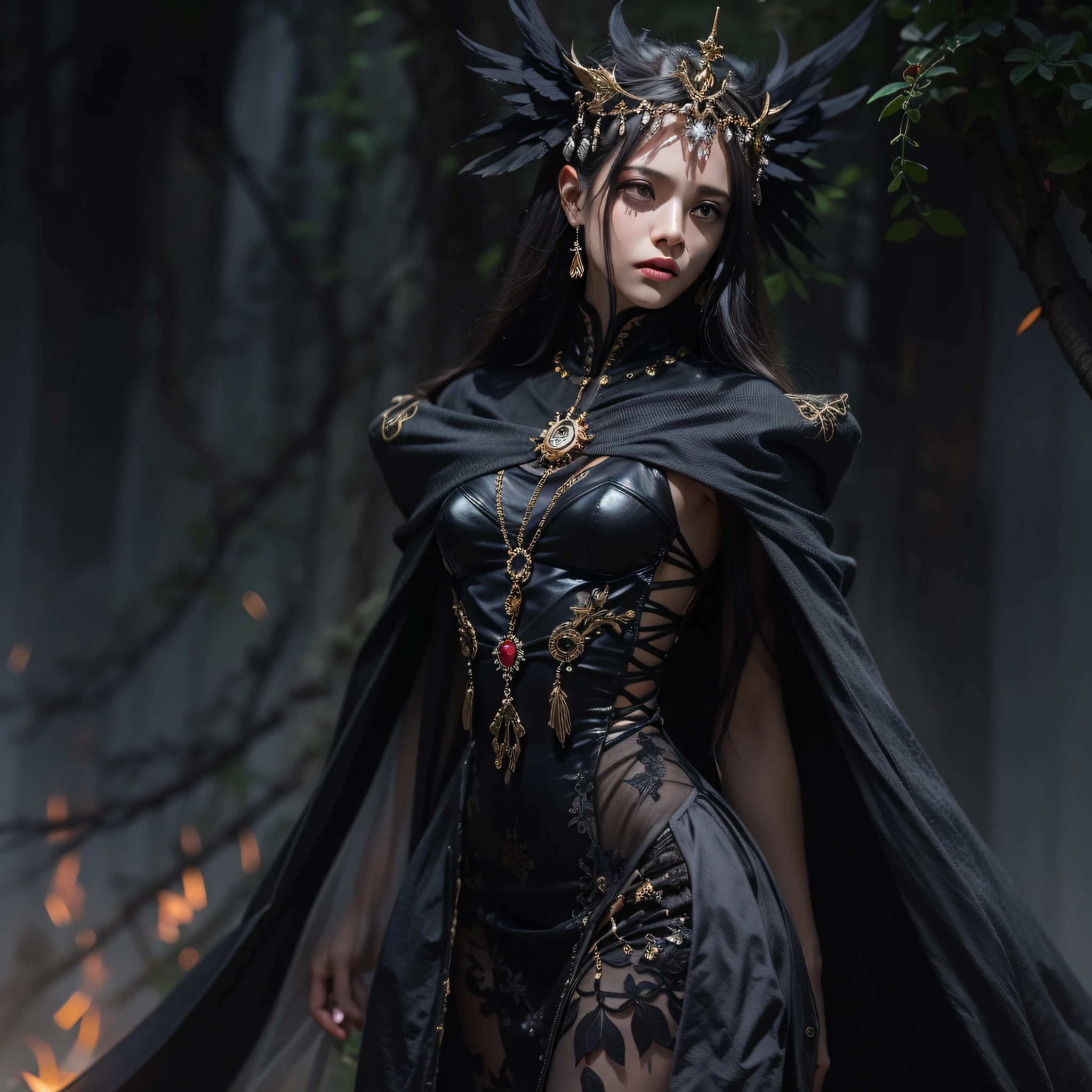 Uma feiticeira linda e sombria, rainha do submundo, inferno, vestido preto e decotado, seios fartos, cabelo preto e longo, olhos castanhos claro ardente em chamas, highes definition, rosto detalhado, olhos detalhados