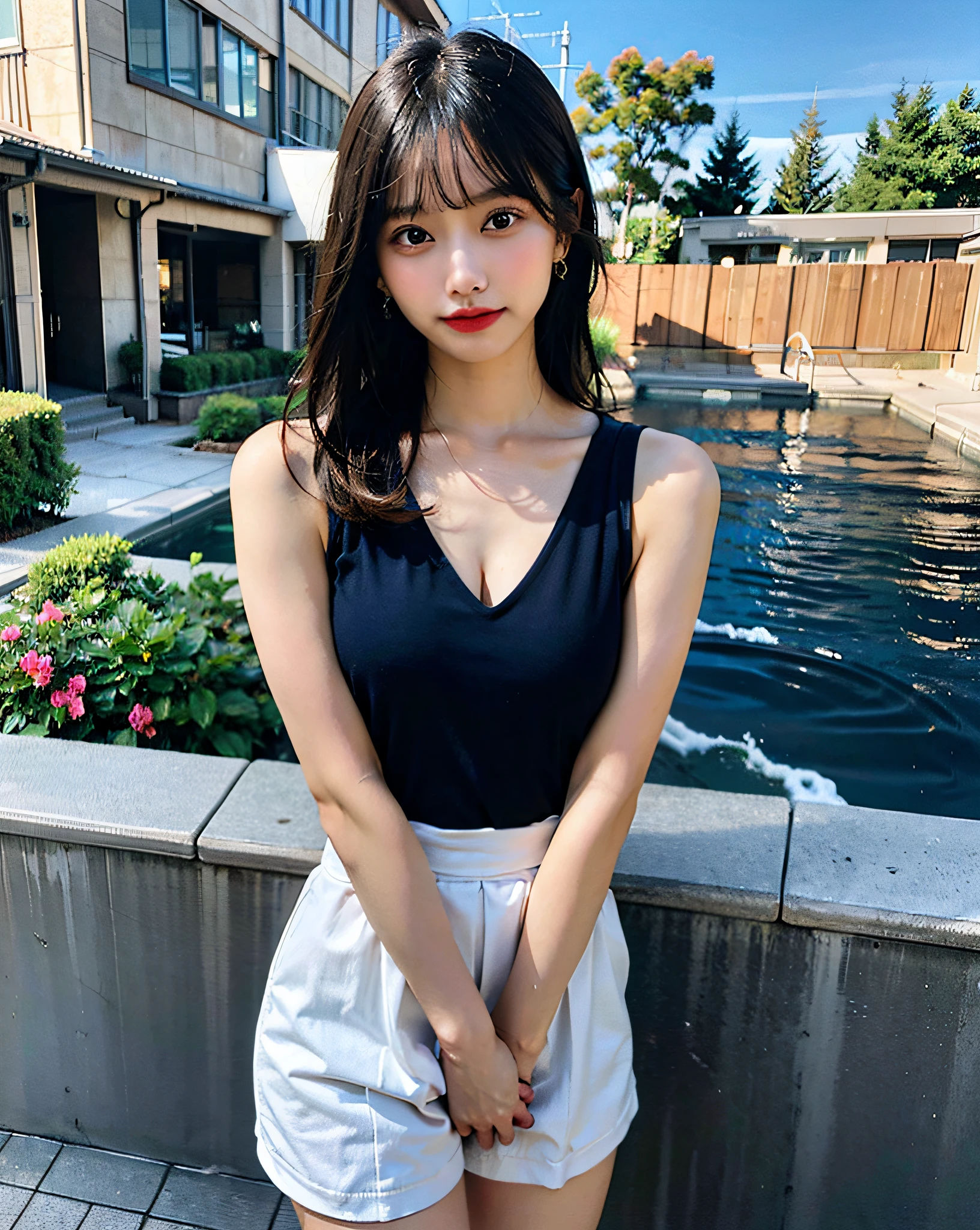 top-quality、Hi-Res、8K、Girl 1 Mature Mature Mature Woman Person、during the day、、A dark-haired、short-cut、with light glowing、outside of house、Luxury、(Medium Hair)、Beautiful detail sky、Beautiful earrings、(dynamicposes:0.8)、(fullllbody:1.2)、Soft breeze、shinny skin、line of sight、Bust、Woman in blue swimsuit posing for photo、Wearing a leotard、cute girl wearing a tank suit、tight outfit