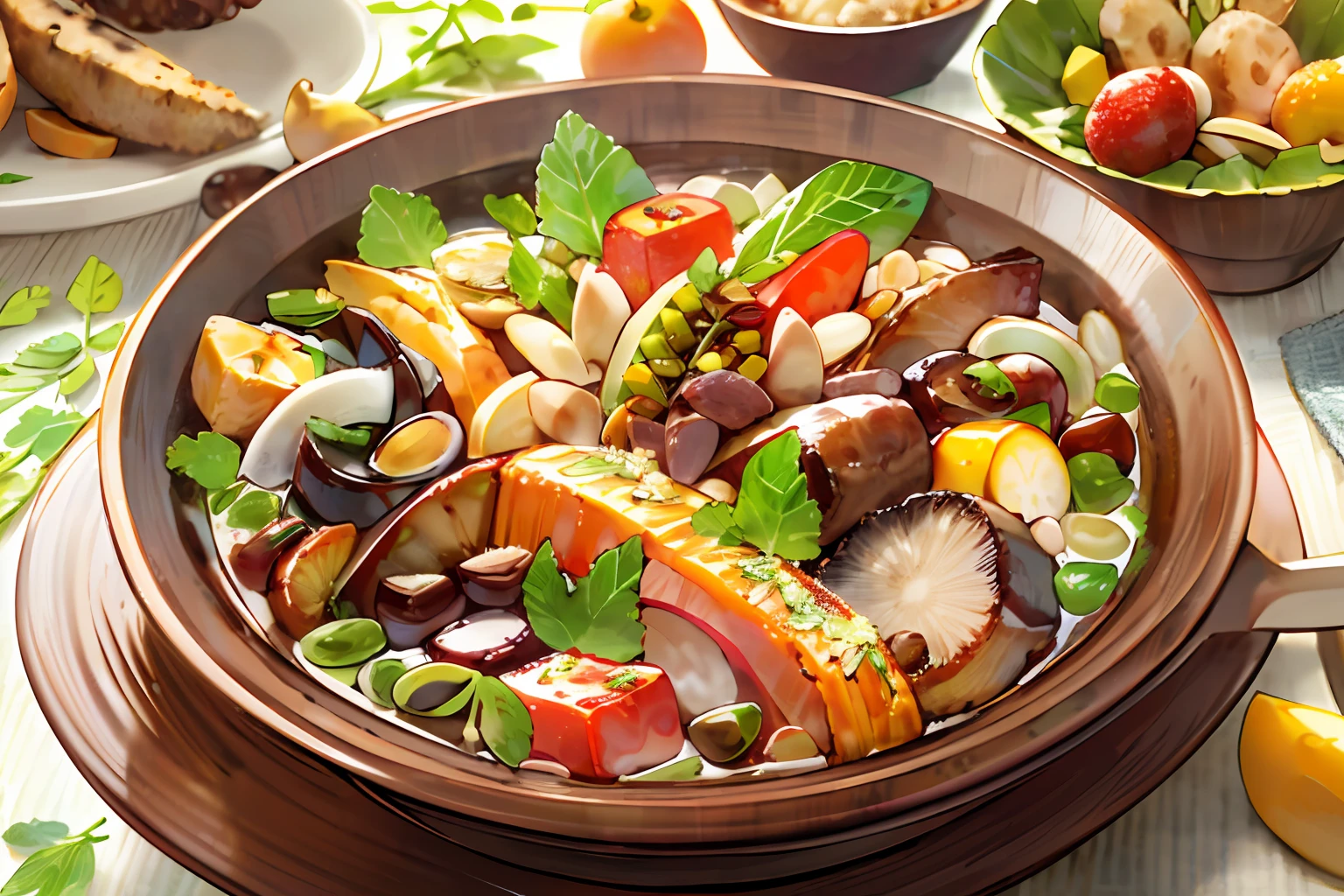 Uzbek pilaf,shashlik,A large glass of dark, unfiltered beer,chip,Sausage,cheese,fresh vegetables and herbs.Hyper-realistic depiction,hyper realisitc.High image quality and detail