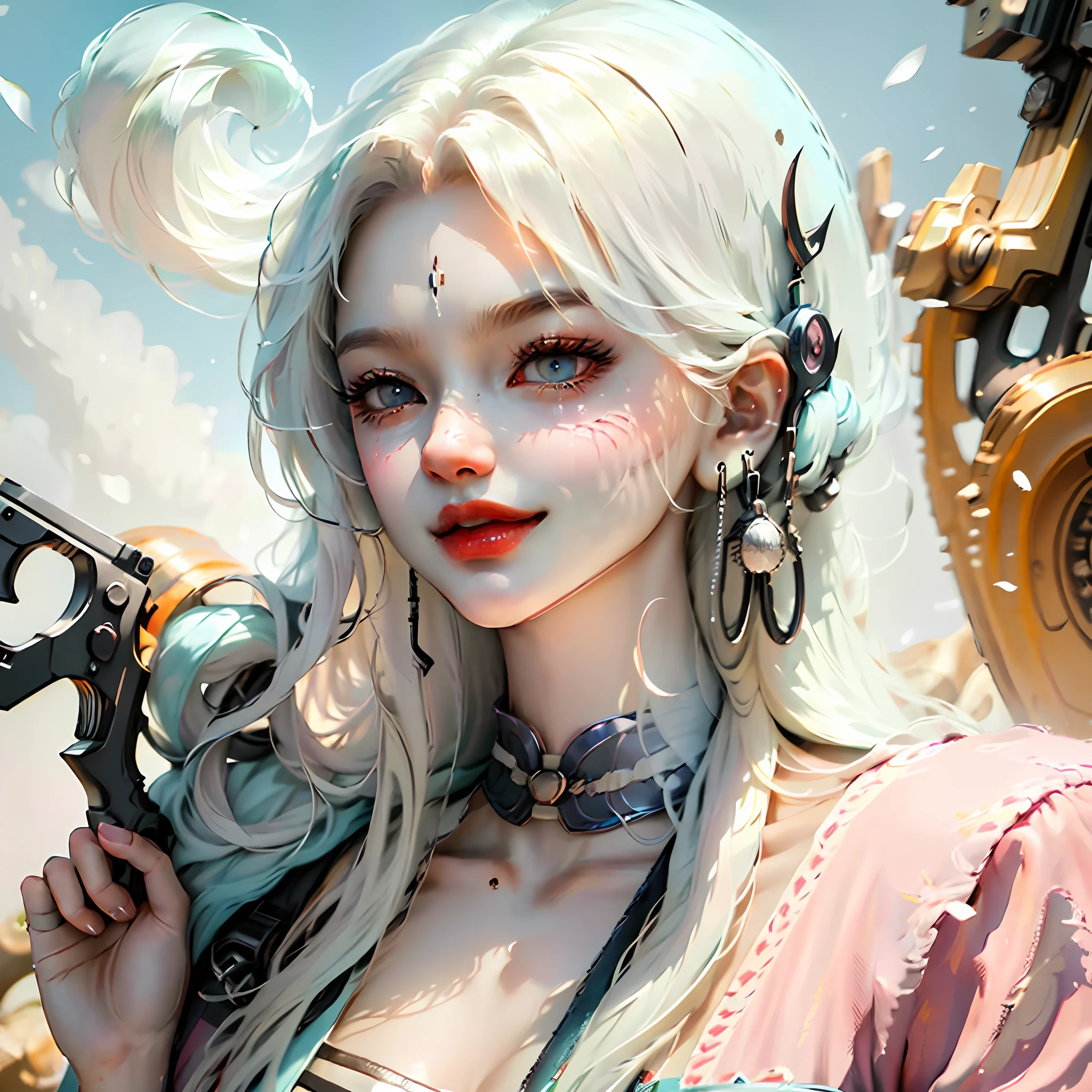 cos,Yunying，The face is clear，Long gun in hand，ssmile，delicated，Details are in place，largeeyes，White teeth， --auto