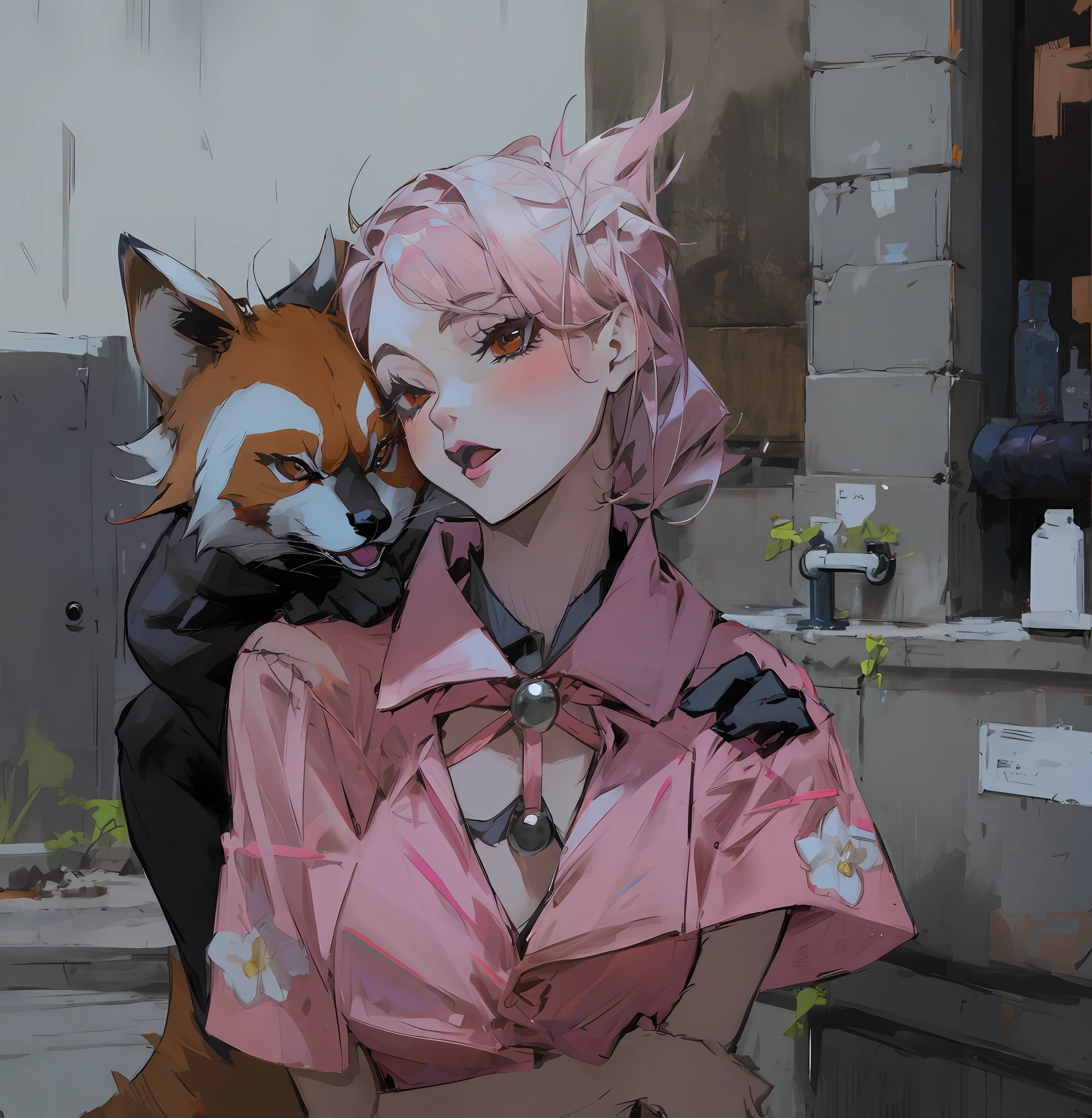 Anime catwoman dressed in pink has a red panda lying on her shoulder,Two-dimensional style,cartoonish style。