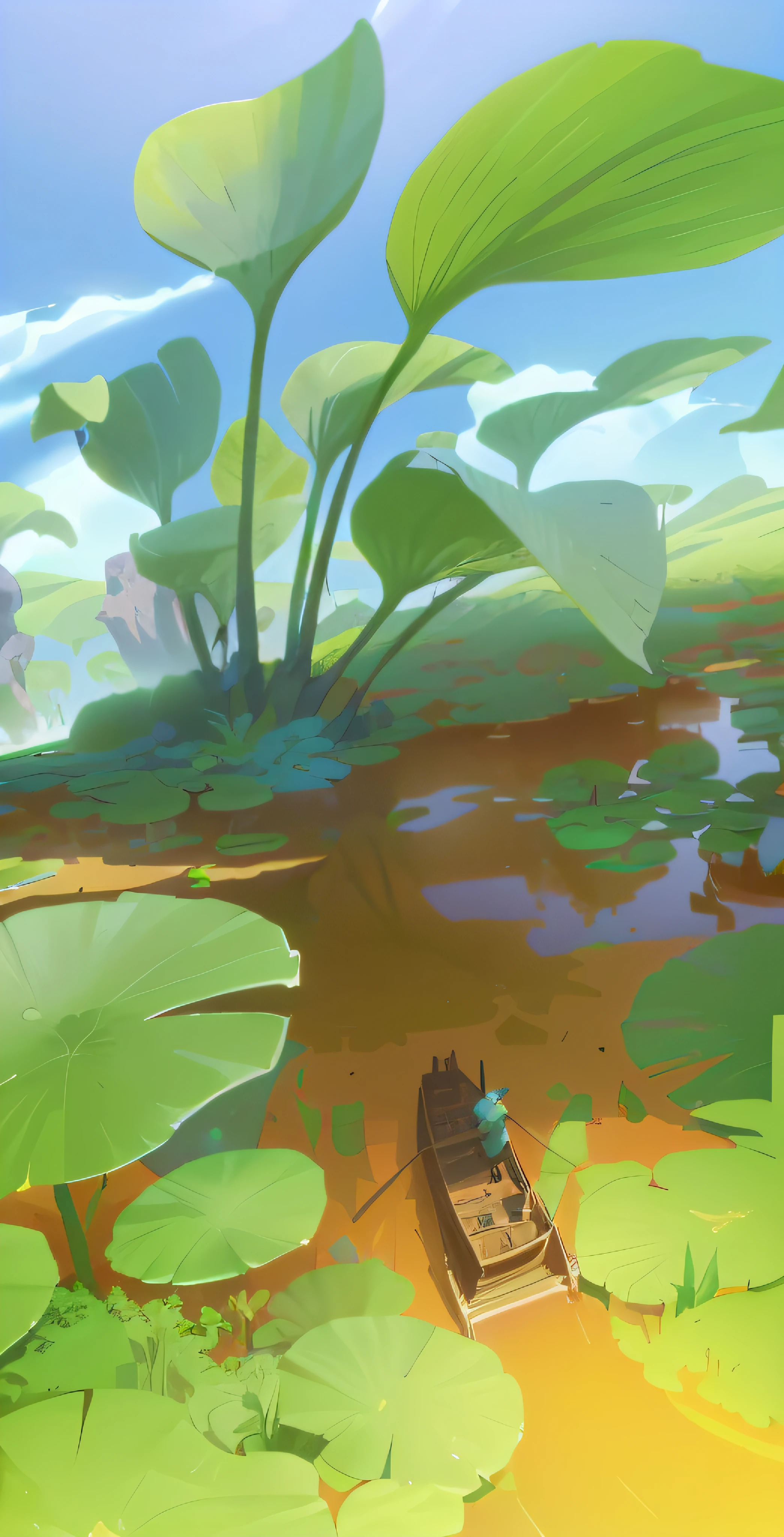 There is a cartoon picture of a boat in the water, arte de fundo, background artwork, concept art for a video game, avatar landscape, painted as a game concept art, random background scene, Game illustration, lush surroundings, concept piece, Concept illustration, swampy atmosphere, Mobile game art, environment concept art, jungles in the background, art nouveau jungle environment