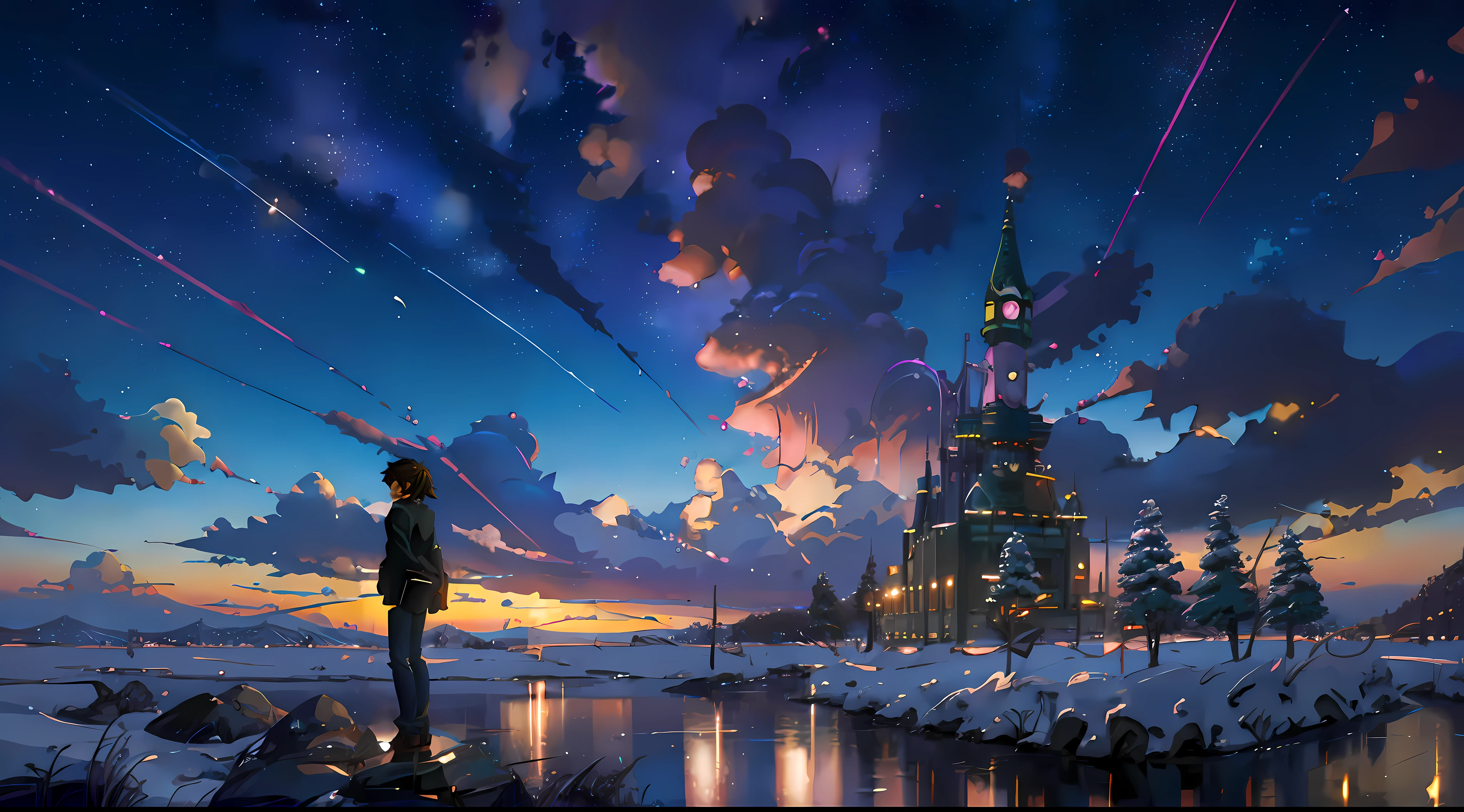 (((Makoto Shinkai style)),pixiv,anime drawing,high quality,pink purple sky,beautiful scene),(universe,train passing,magical realism,((makoto shinkai style)) ::0.8), [Artistic Atmosphere, Atmosphere:0.8, Starry Sky, Hills, Snow Mountain, Sparkling Water, Grass, Trees, Smoke, Stars, Low Angle of View, Specular Scattering,