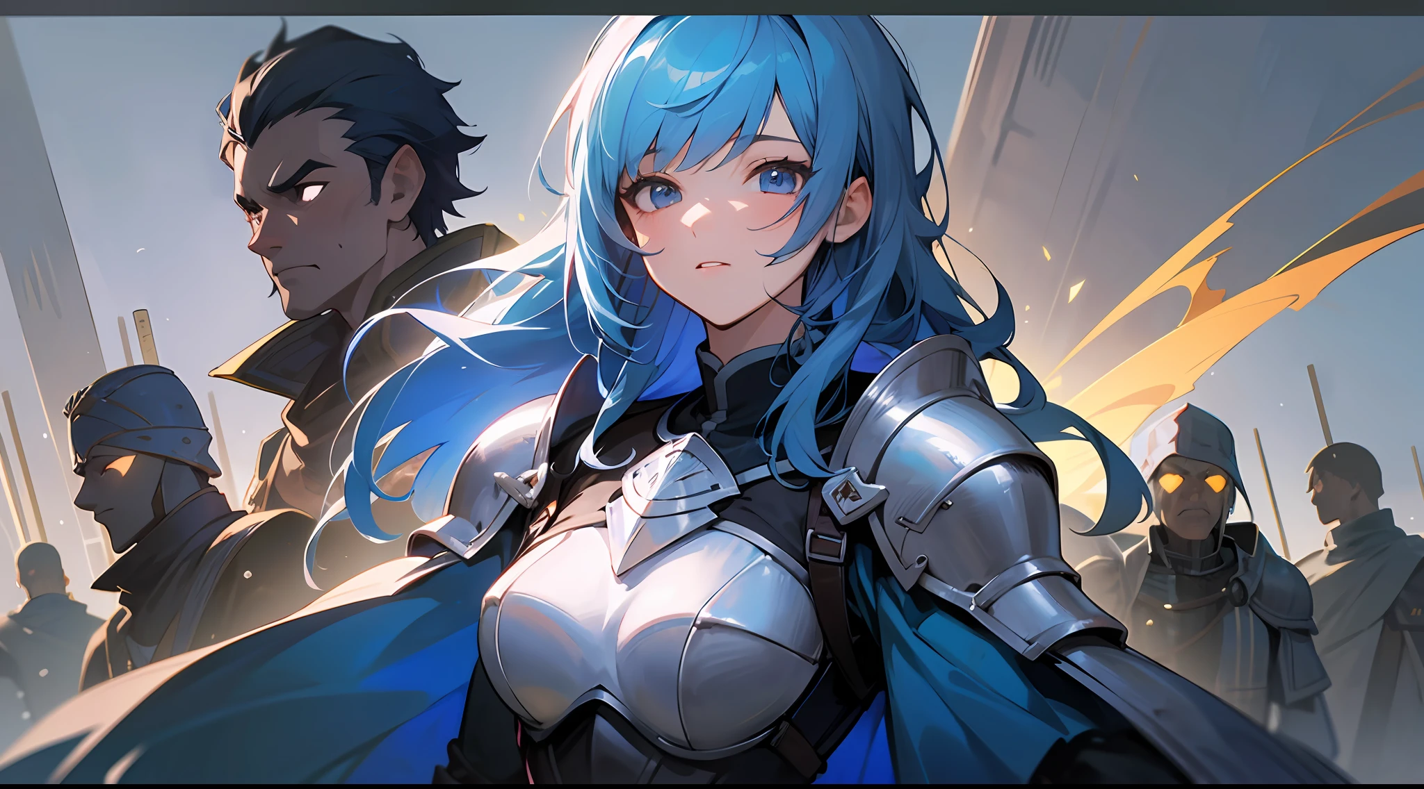 Top quality, detail, 8K, 4K, high resolution, Detailed, blue-haired knight girl, Upper body is shown, , combats, ((A few girls, Several boys)), characters of various colors, (Fantasy world), Dark night,