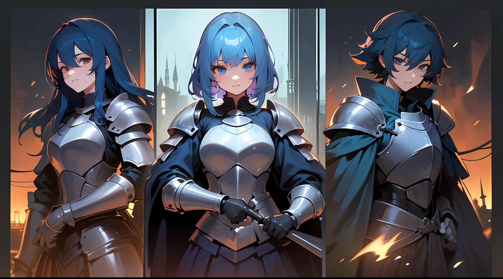 Top quality, detail, 8K, 4K, high resolution, Detailed, blue-haired knight girl, Upper body is shown, , combats, ((A few girls, Several boys)), characters of various colors, (Fantasy world), Dark night,