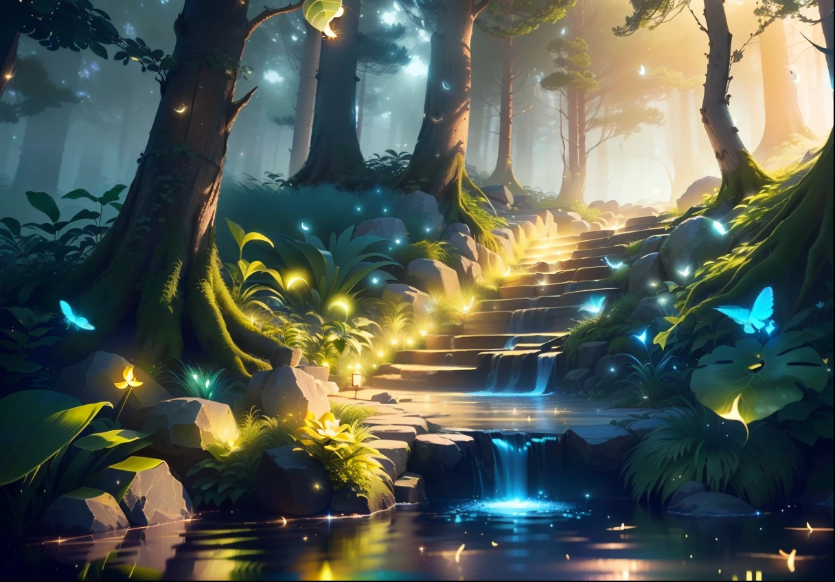 Masterpiece, best quality, (very detailed CG unity 8k wallpaper), (best quality), (best illustration), (best shadows), glow sprite, with a glowing deer, in the swimming pool Drinking water, natural elements in the forest theme. Mysterious forest, beautiful forest, nature, surrounded by flowers, delicate leaves and branches surrounded by fireflies (natural elements), (jungle theme), (leaves), (twigs), (fireflies), (particle effects) etc. 3D , Octane rendering, ray tracing, super detailed --v6