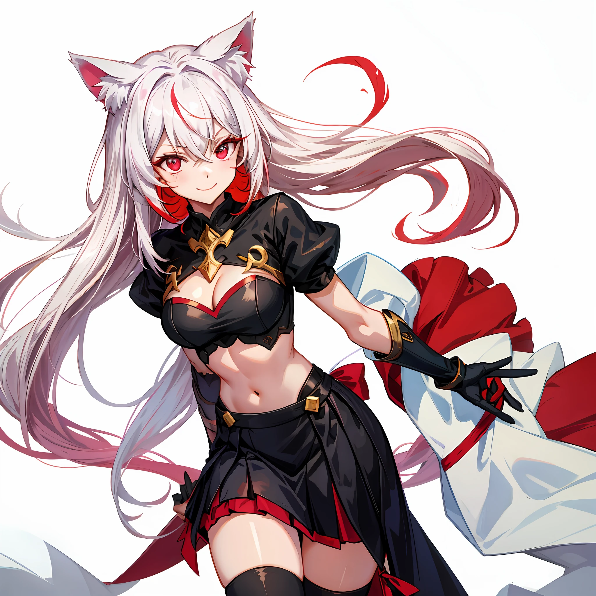 Long white hair,red color eyes,black over-the-knee socks,fullnude,There is love in the eyes,Cleavage is seductive,cleanness,Delicate,There are cat ears on the head,Bigchest,You can see the whole body,With a smile,did not wear underwear,on top of the bed,Place your hands on your chest,standing on your feet,A shy expression,The upper body is undressed,Wear a skirt on the lower body