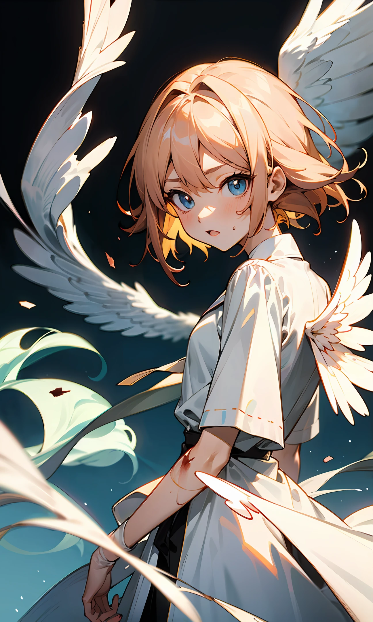 Anime figure,Anime face,Anime eyes,whole body picture,wounded,With wings,white clothes