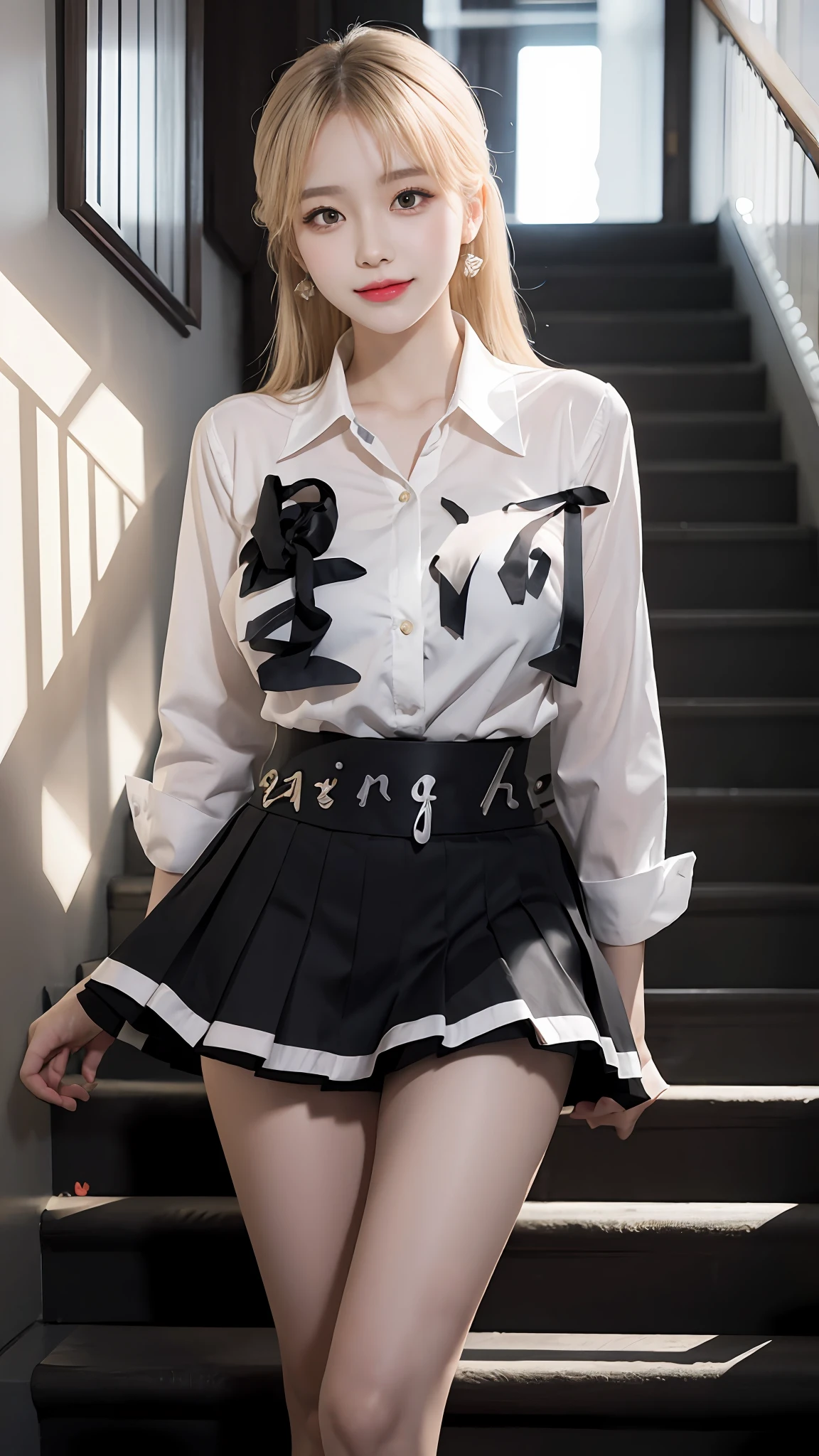 Gray eyes, Korean school uniform, summer school uniform shirt, ribbon tie, skirt, bright blonde, school stairs, going down school stairs, chest thrusting pose, chest bragging pose, 8k raw photo, high resolution, cool Korean at , very big round breasts, beautiful eyes in detail, long eyelashes, beautiful double eyelids, eyeshadow, eyeliner, slender eyes, elongated eye shape, Sanpaku eyes, evil smile, evil look, beautiful very thin legs, beautiful very thin thighs, random medium hair, hair tied behind the head, earrings,