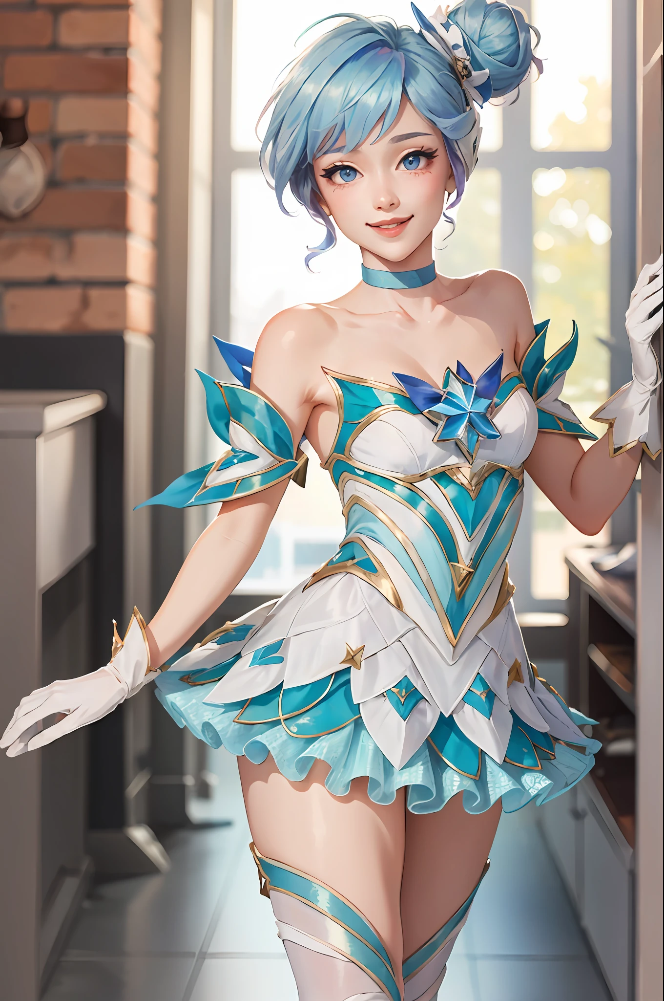 (Masterpiece:1.4), (best quality:1.2), star guardian orianna, blue hair, hair bun, ballerina, short dress, white gloves, smile, upper body, potrait