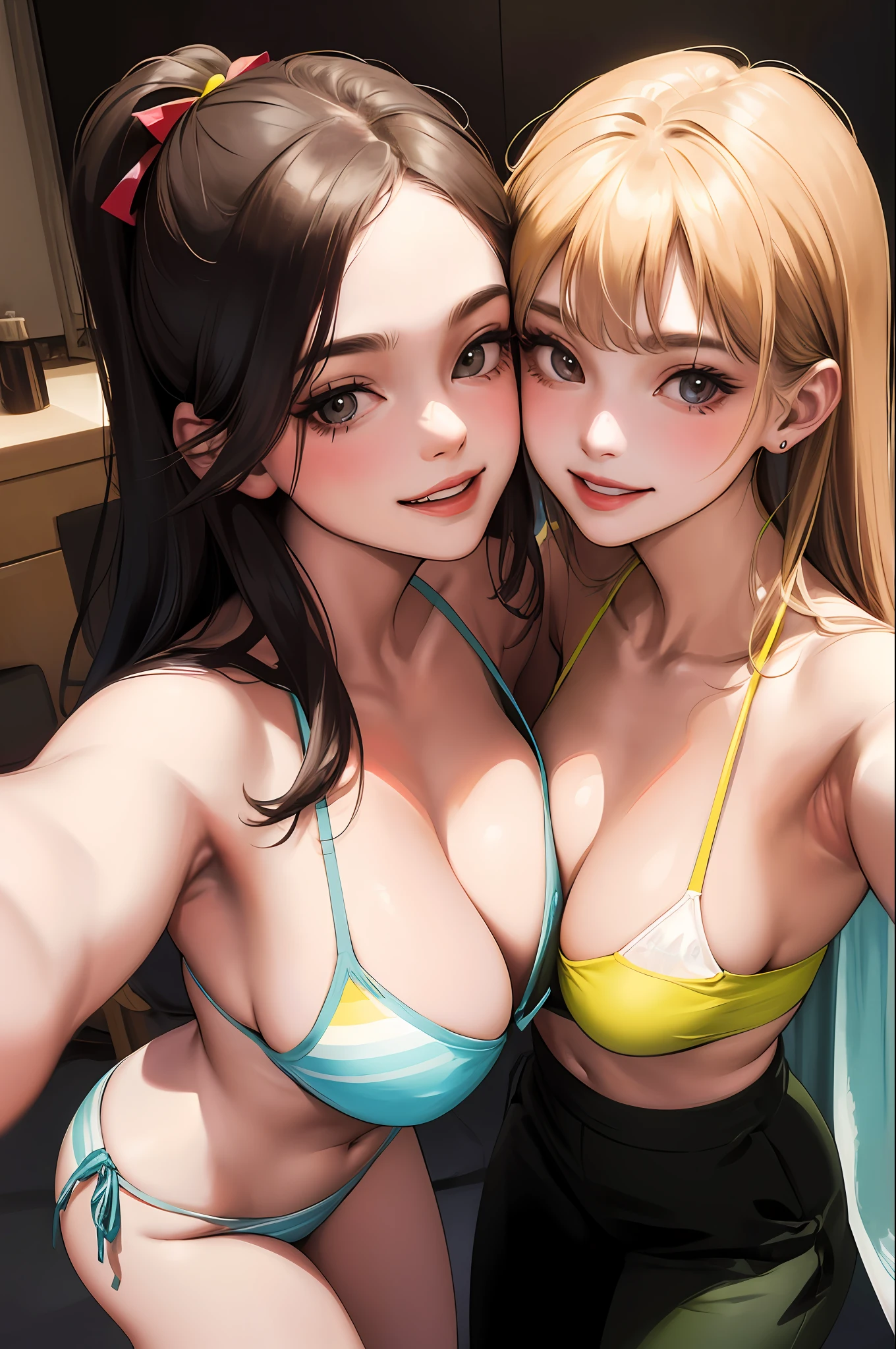 Realistic, Selfie of two girls, close contact with both breasts, wearing a bikini, big breasts, smiling face