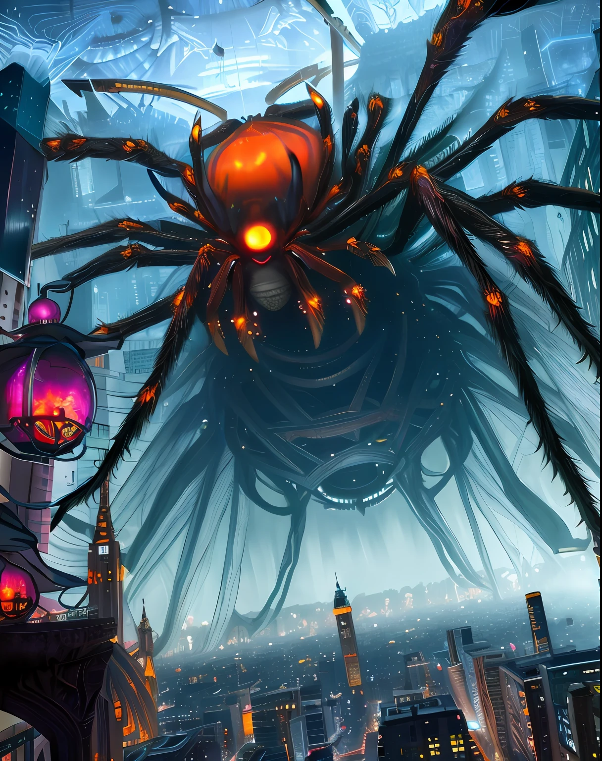 a giant spider and a city, poster art by Rube Goldberg, sharingan eyes, Wind and Cold themed, epic splash art, psychedelic art, , surrealism, crows, dollar, lightning, green lights, 4K