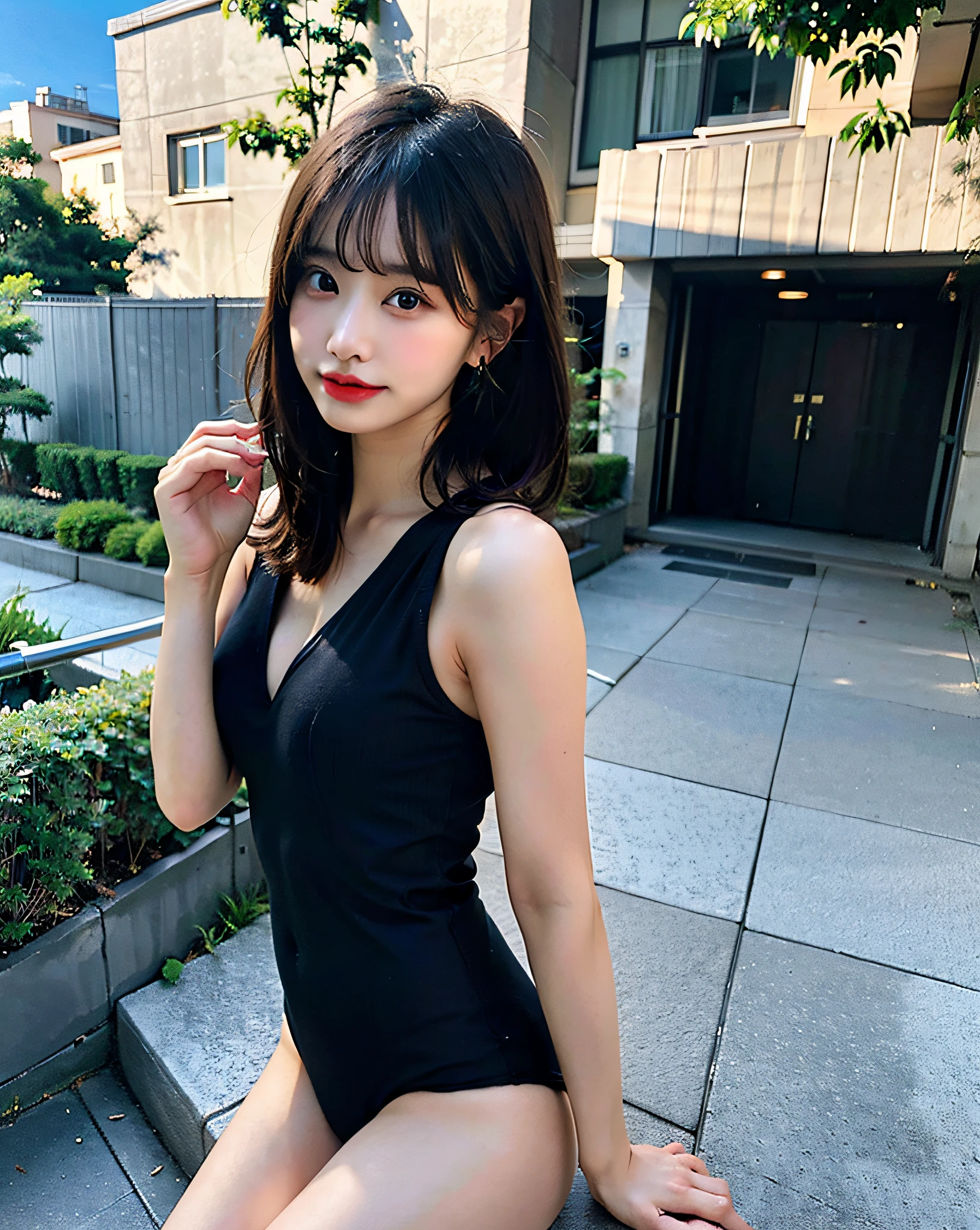 top-quality、Hi-Res、8K、Girl 1 Mature Mature Mature Woman Person、during the day、、A dark-haired、short-cut、with light glowing、outside of house、Luxury、(Medium Hair)、Beautiful detail sky、Beautiful earrings、(dynamicposes:0.8)、(fullllbody:1.2)、Soft breeze、shinny skin、line of sight、Bust、Woman in blue swimsuit posing for photo、Wearing a leotard、tight outfit、(Open your legs so that you can see your crotch:1.2)、、Raise your hand(So much so that you can see your armpits.)、