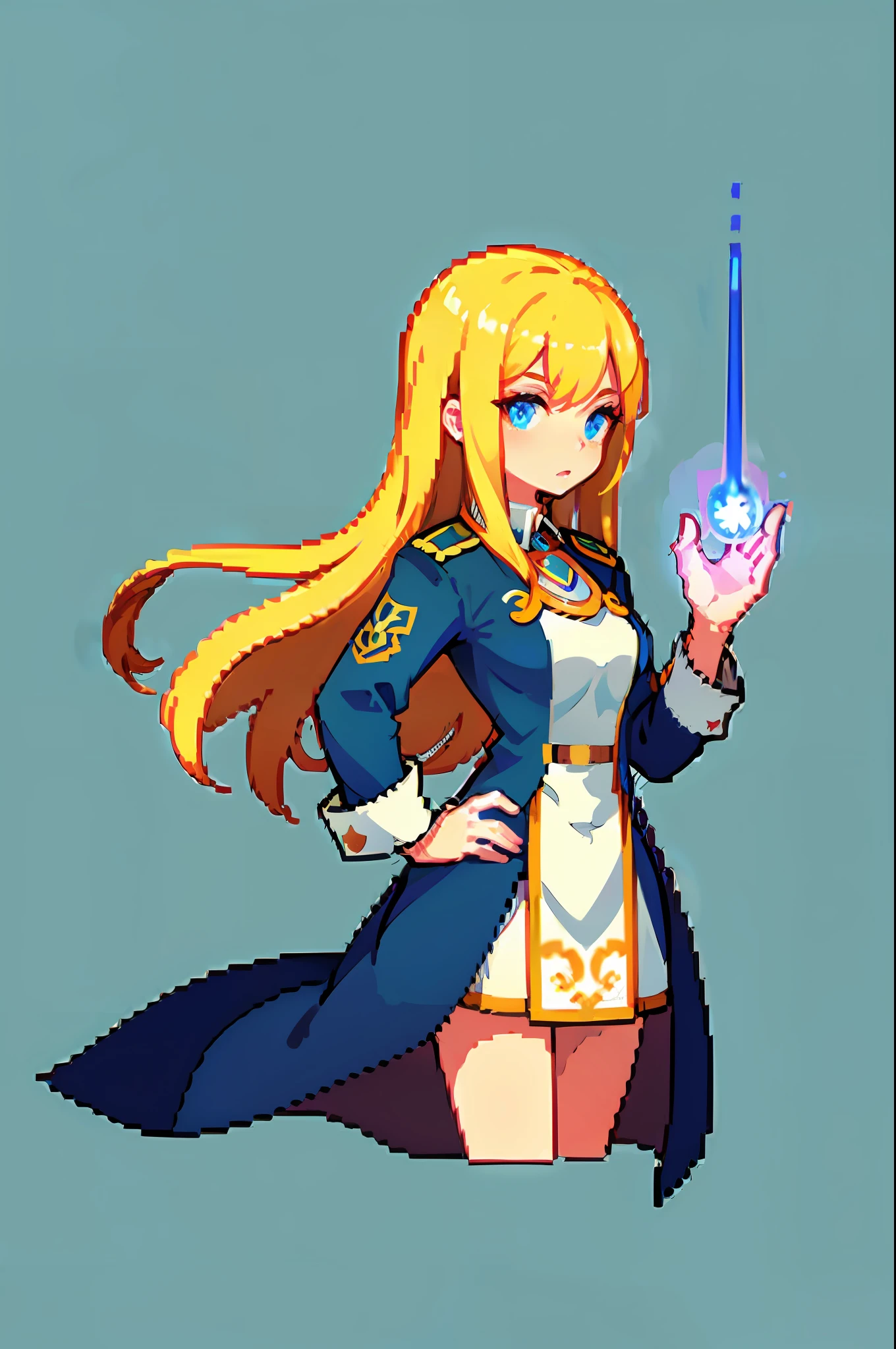 (tmasterpiece,top Quority,best qualtiy),pix,pixelart,1girl,full bodyesbian,Blonde hair and blue eyes,Noble uniform,Holy sword in hand