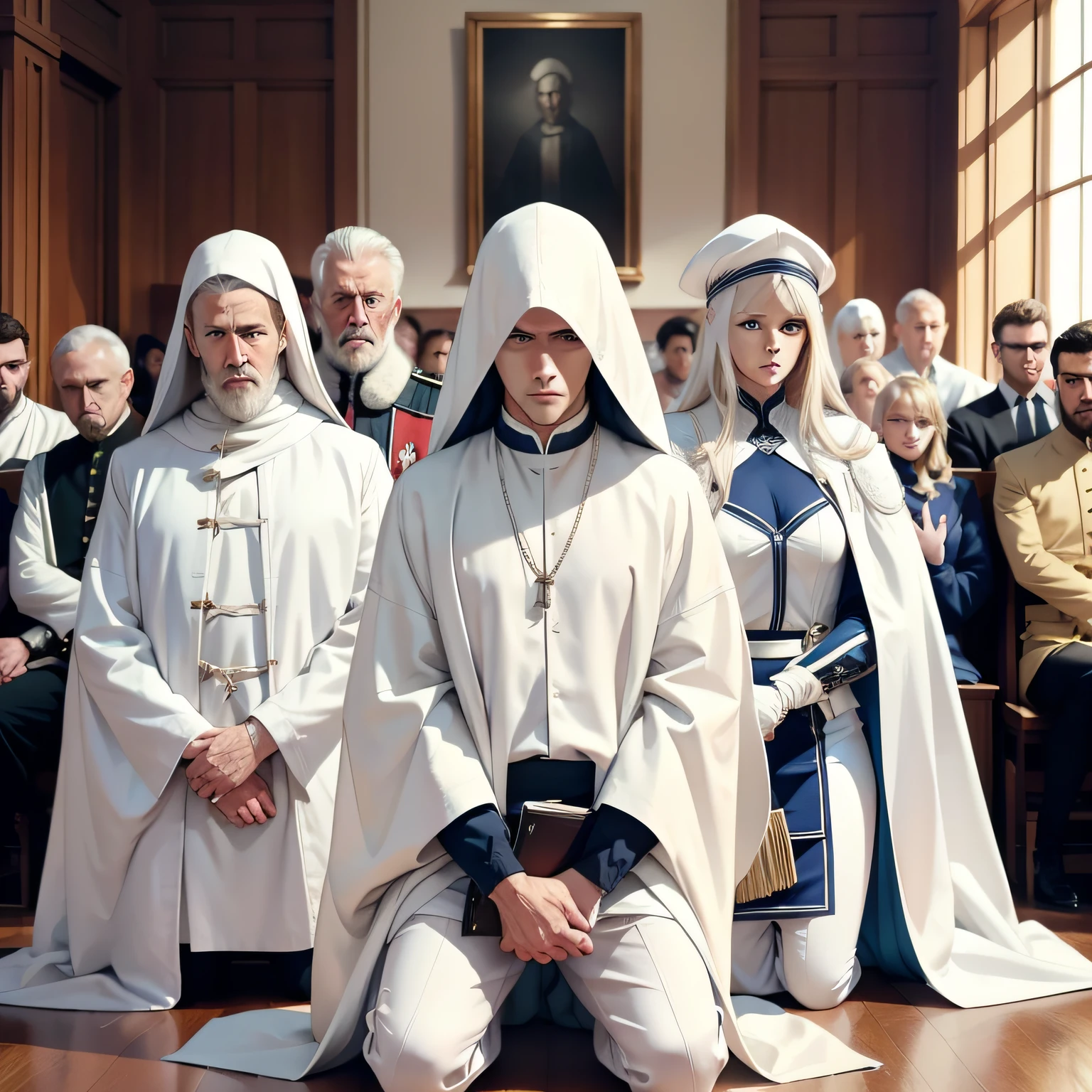 Manteau blanc,white skinned,Day comic feeling,full bodyesbian,court room,stocklings,Kneeling,group of men --auto