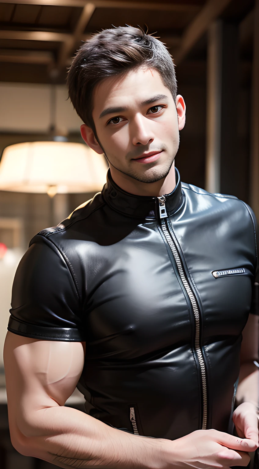 ((Man only)), (cowboy shot), (handsome muscular man in his 30s), handsome muscular man in black leather jackets, he resembles Chris Redfield from Resident Evil,  Mischievous smile, (detaile: 1 in 1), Natural muscles, HIG quality, beautidful eyes, (Detailed face and eyes), (Face、: 1 / 2), Noise, Real Photographics、... .........................................................PSD, Sharp Focus, High resolution 8K, realisitic & Professional Photography, 8K UHD, Soft lighting, High quality, Film grain, FujifilmXT3