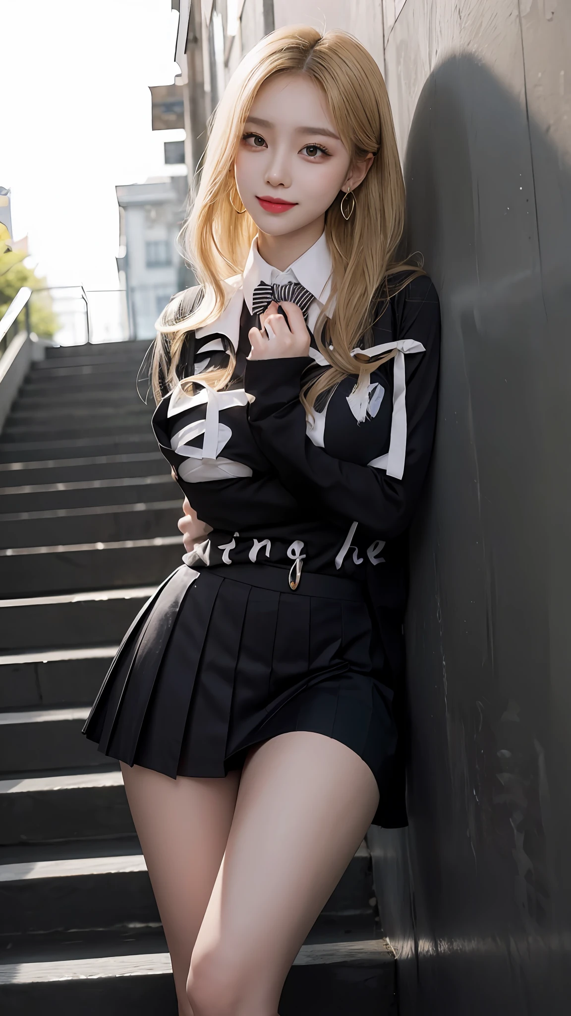Gray eyes, Korean school uniform, summer school uniform shirt, ribbon tie, skirt, bright blonde, school stairs, going down school stairs, chest thrusting pose, chest bragging pose, 8k raw photo, high resolution, cool Korean at 16 years old, very big round breasts, beautiful eyes in detail, long eyelashes, beautiful double eyelids, eyeshadow, eyeliner, slender eyes, elongated eye shape, Sanpaku eyes, evil smile, evil look, beautiful very thin legs, beautiful very thin thighs, random medium hair, hair tied behind the head, earrings,