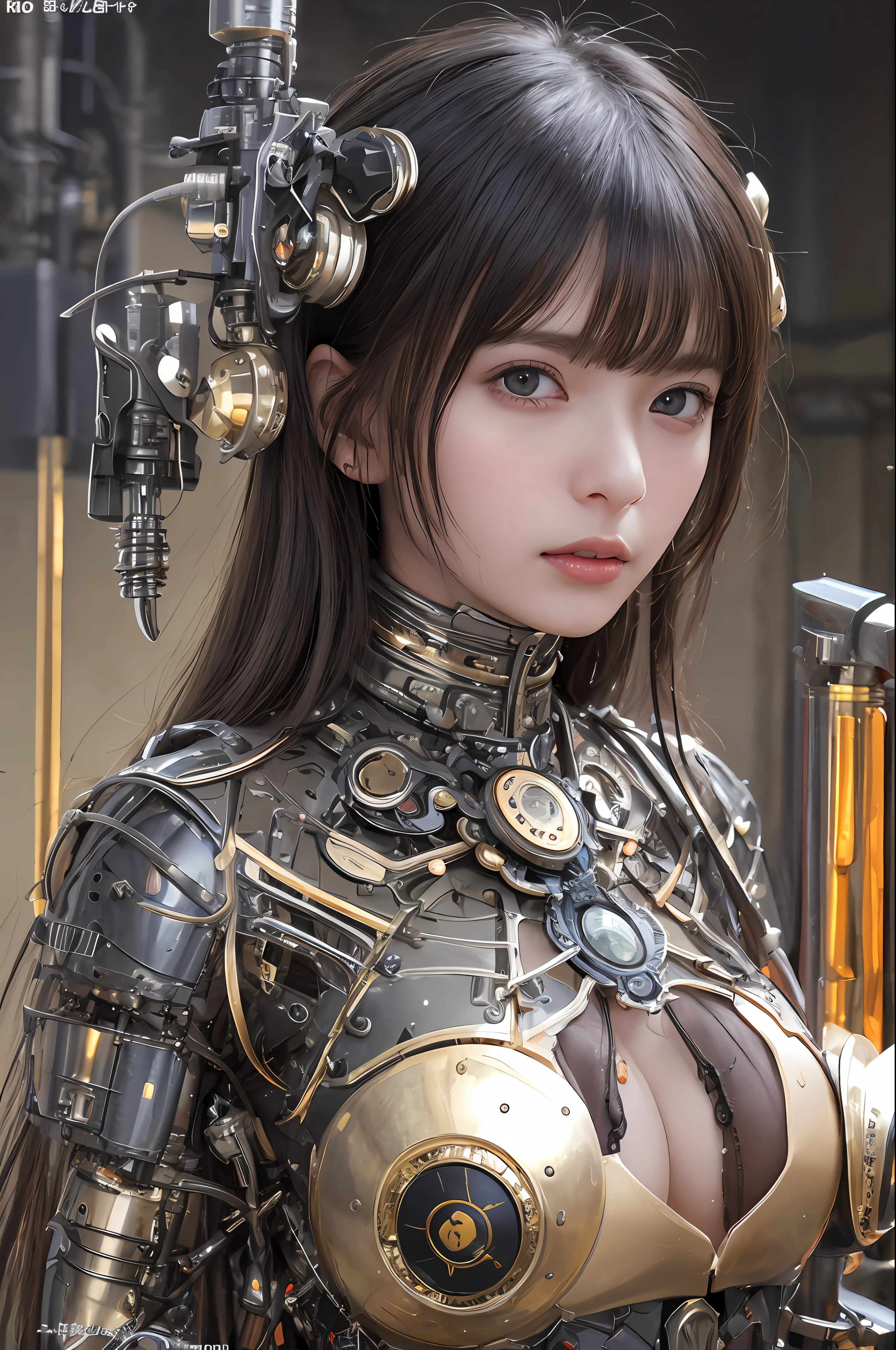 top-quality、​masterpiece、超A high resolution、(Photorealsitic:1.4)、Raw photo、女の子1人、Black hair、glowy skin、1 Mechanical Girl、((super realistic details))、portlate、globalillumination、Shadow、octan render、8K、ultrasharp、Colossal tits、Raw skin is exposed in cleavage、metals、Details of complex ornaments、Gothloli details、steampunc、highly intricate detail、Realistic light、CGSoation Trends、a purple eye、radiant eyes、Facing the camera、neon details、Mechanical limbs、blood vessels connected to tubes、Mechanical vertebrae attached to the back、mechanical cervical attaching to neck、sitting on、Wires and cables connecting to the head、evangerion、Hydraulic cylinder、tubing、Luminous tube、vacuum tubes、Small LED lamp、